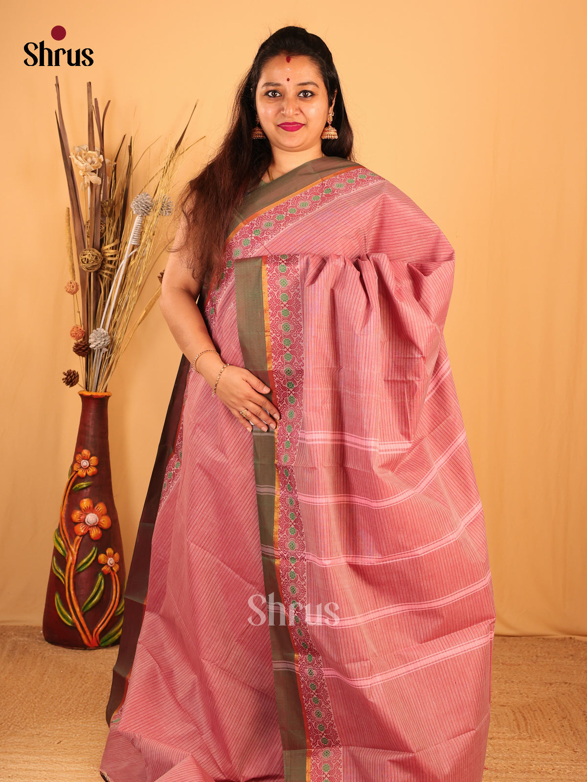 Pink & Green- South Cotton Saree - Shop on Shrus.com