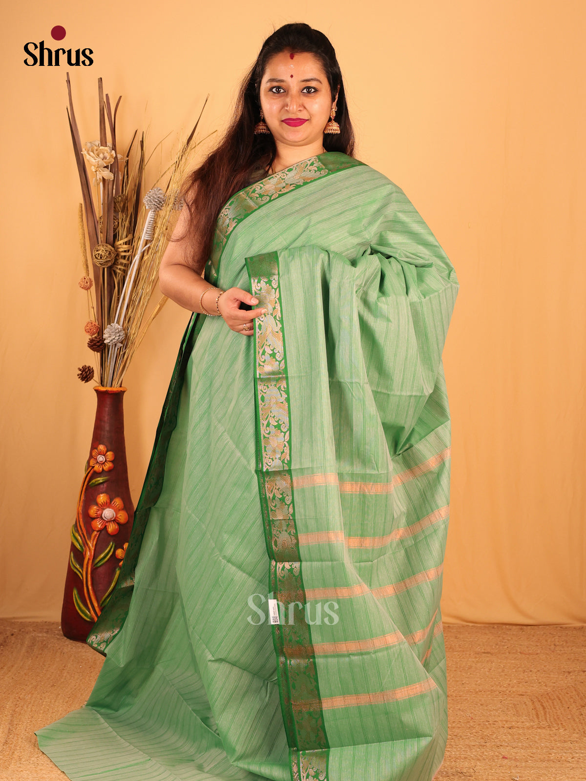 Pastel Green & Green- South Cotton Saree - Shop on Shrus.com