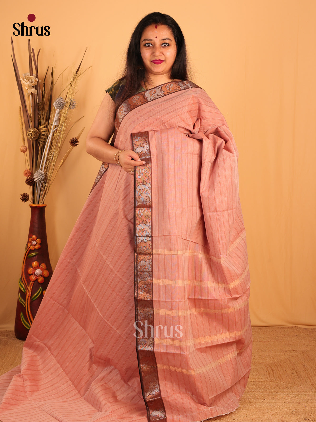 Pastel Peach & Brown- South Cotton Saree - Shop on Shrus.com