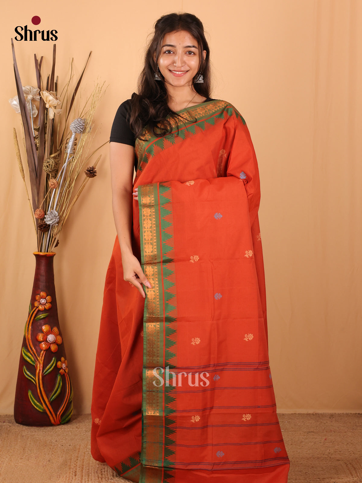 Orange & Green- Chettinad Mix  Cotton Saree - Shop on Shrus.com
