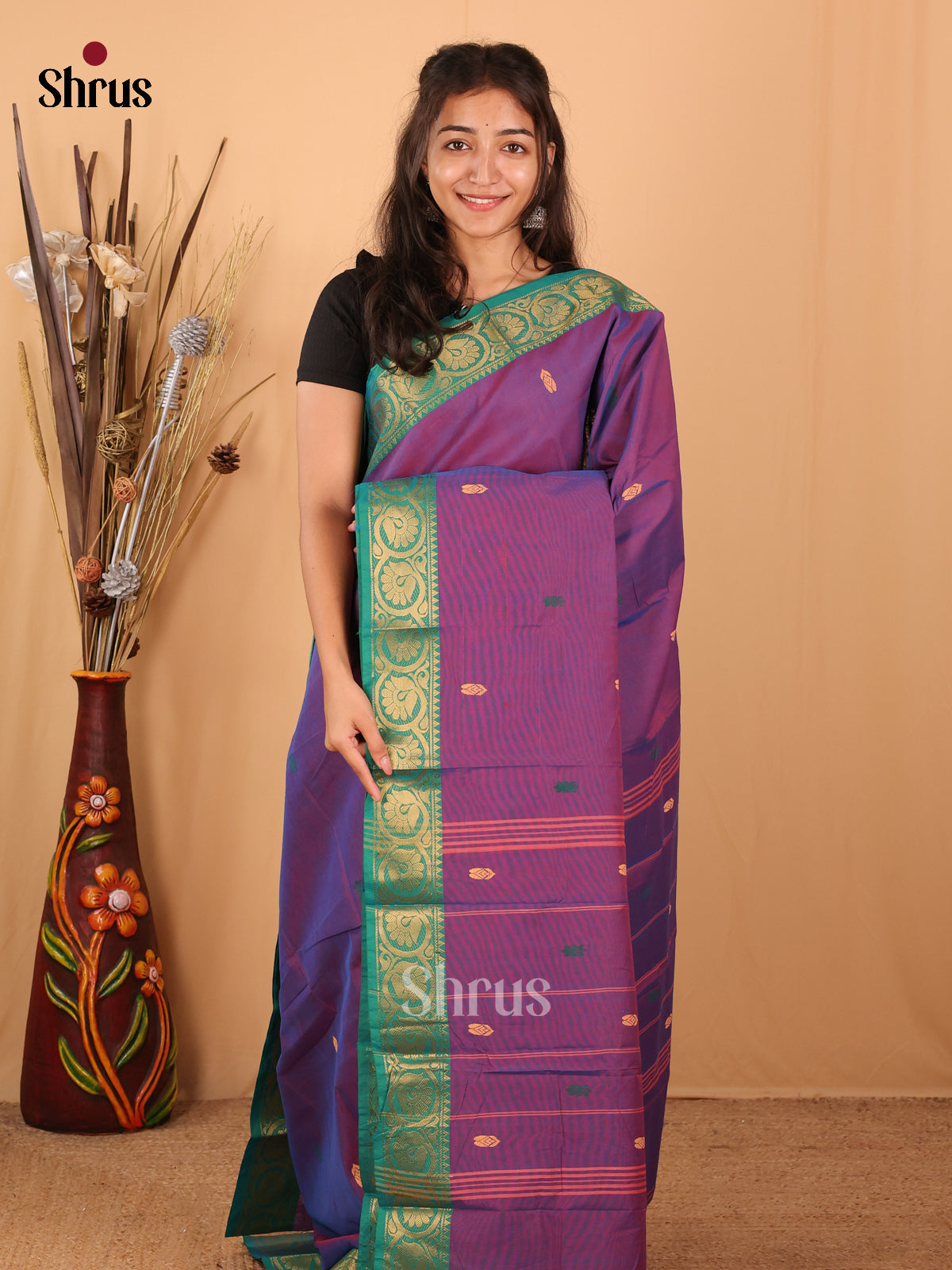 Purple & Green - Chettinad Mix  Cotton Saree - Shop on Shrus.com