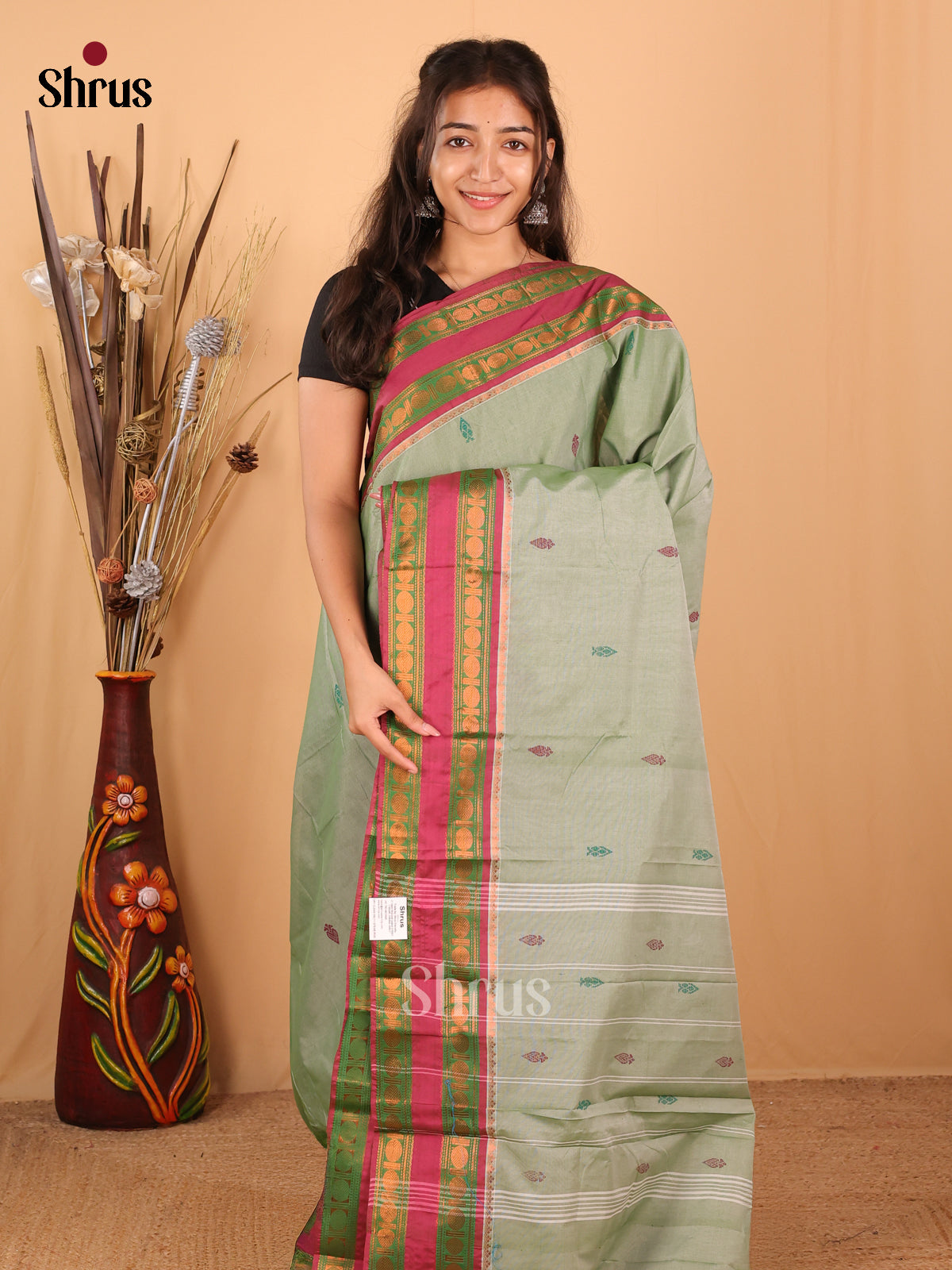 Pastel Green & Maroon - Chettinad Mix  Cotton Saree - Shop on Shrus.com