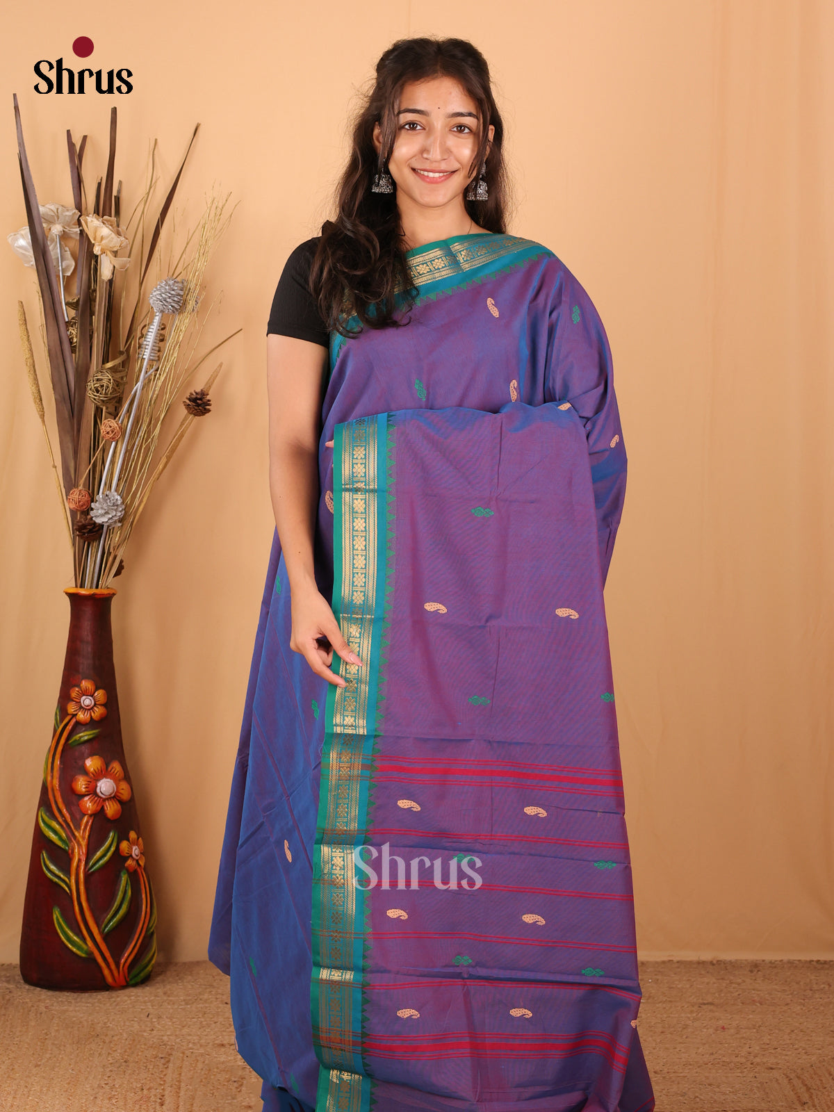 Double Shaded Purple & Green - Chettinad Mix  Cotton Saree - Shop on Shrus.com