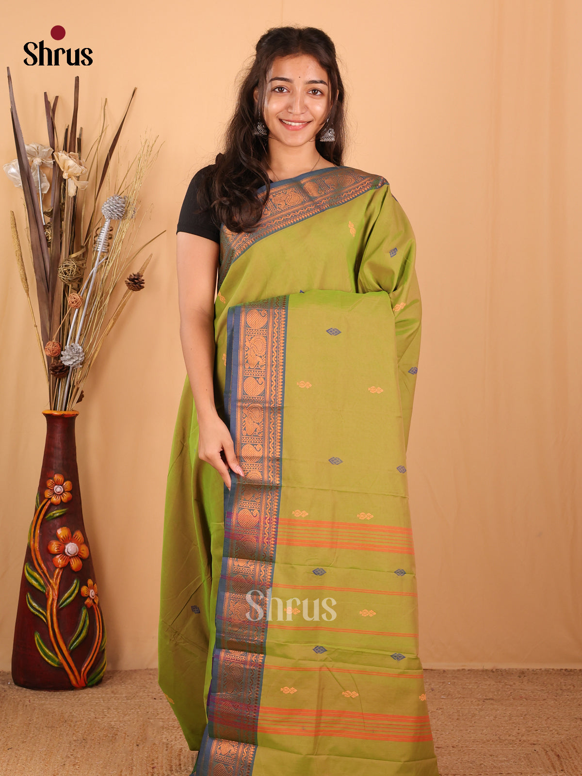 Green & Grey- Chettinad Mix  Cotton Saree - Shop on Shrus.com