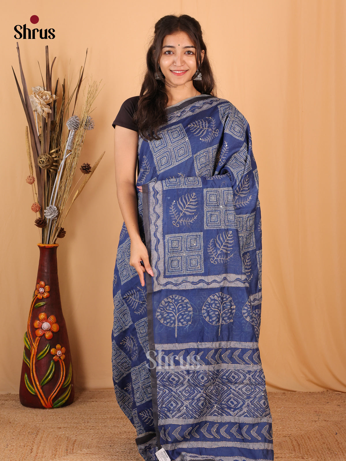 Blue & Grey - Semi Kantha Saree - Shop on Shrus.com