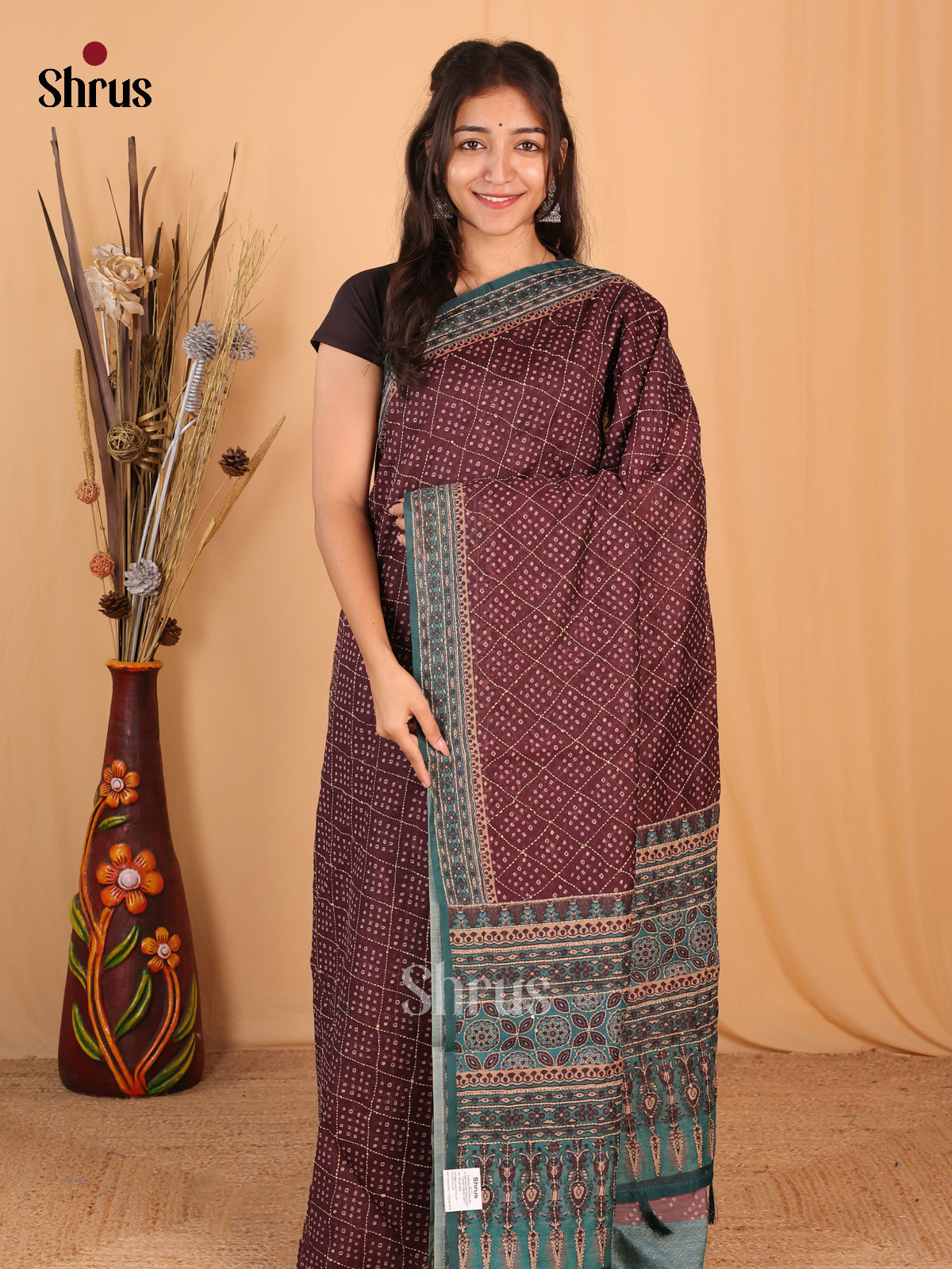 Maroon & Blue - Semi Kantha Saree - Shop on Shrus.com