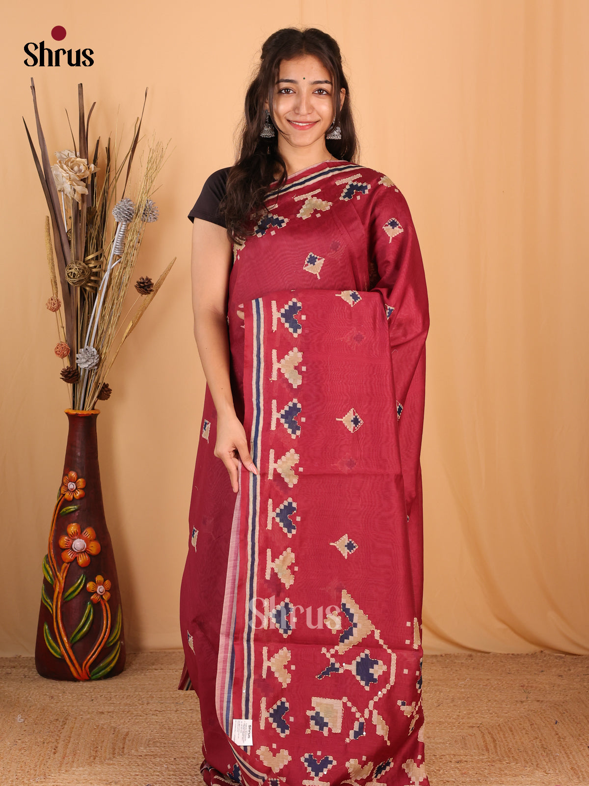 Maroon - Semi Kantha Saree - Shop on Shrus.com