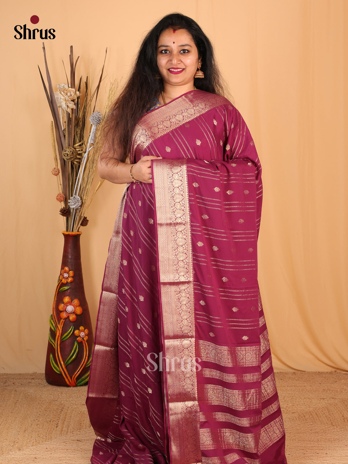 Wine(single Tone)- Mysoresilk-halfpure Saree - Shop on Shrus.com