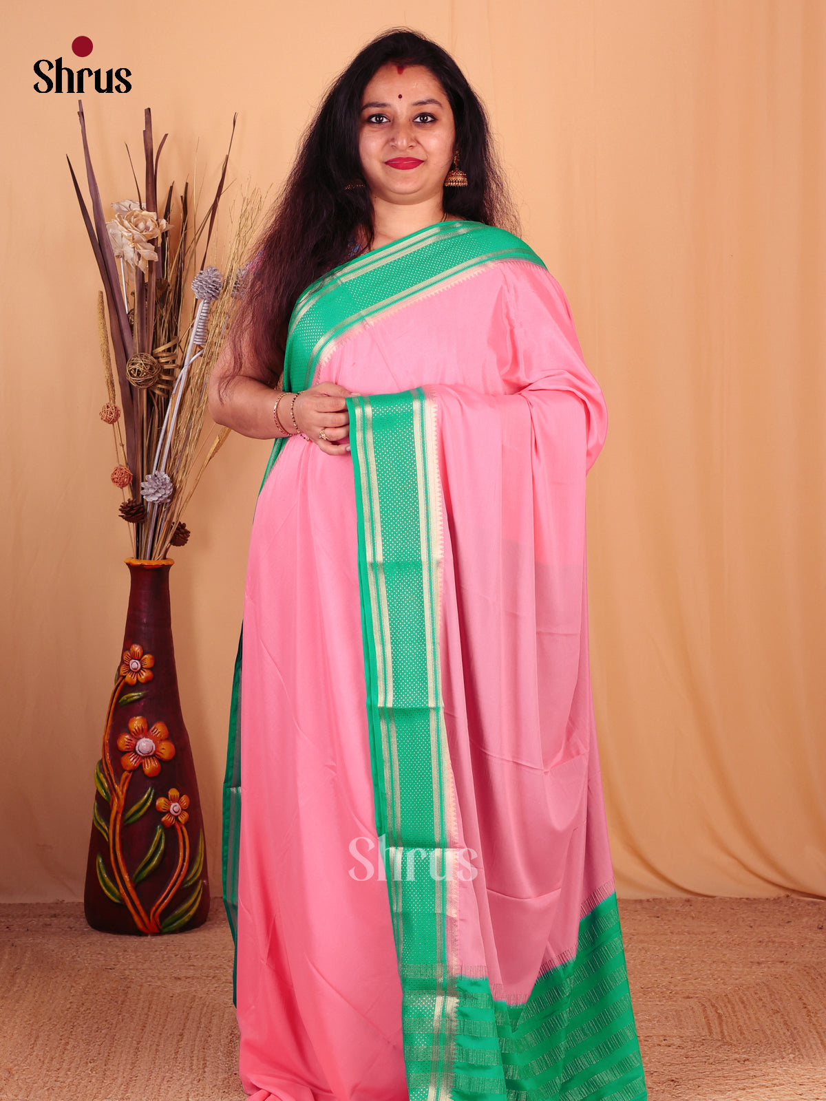 Pink & Green - Mysoresilk-halfpure Saree - Shop on Shrus.com