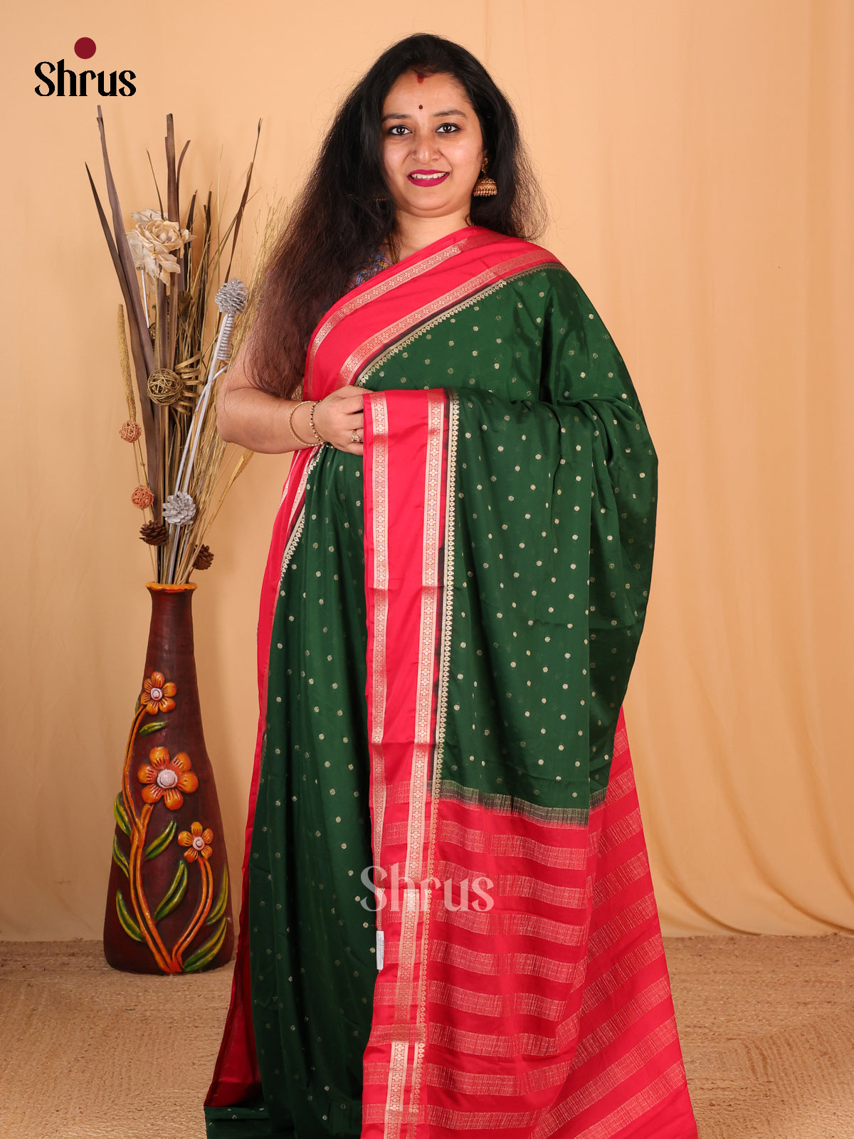 Green & Red - Mysoresilk-halfpure Saree - Shop on Shrus.com