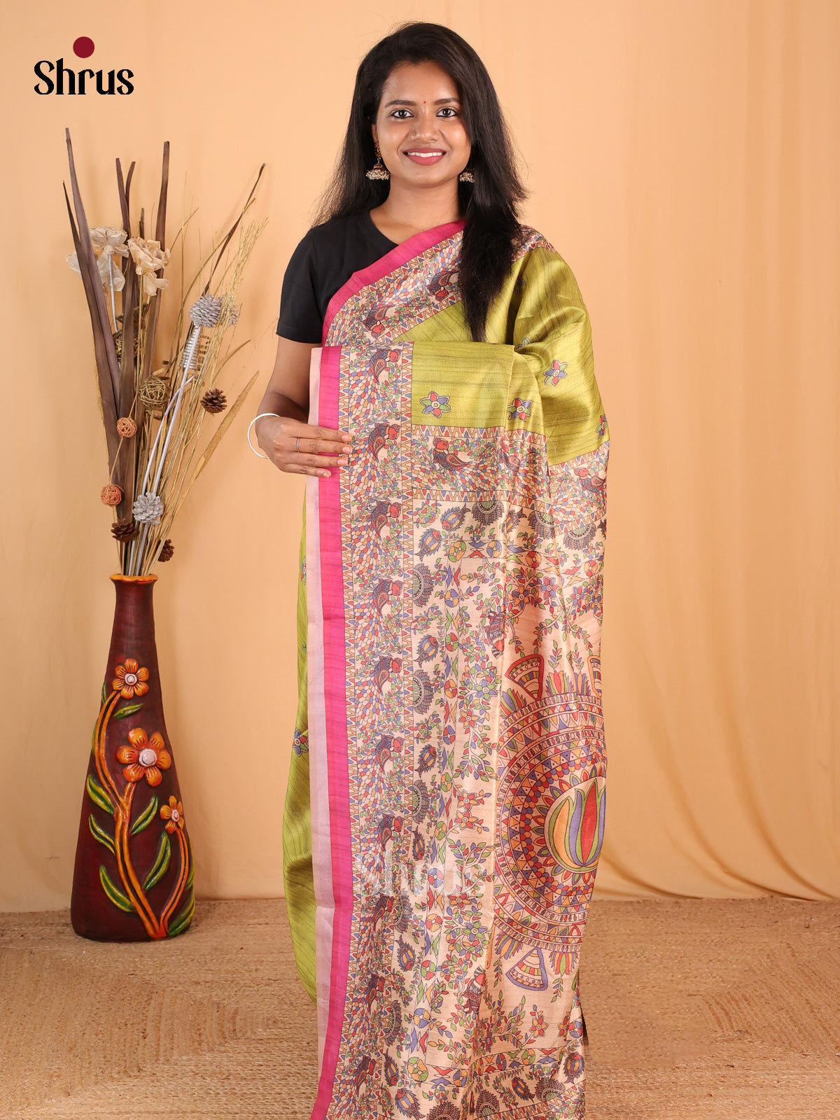 Lime Green & Pink - Champa semitussar Saree - Shop on Shrus.com