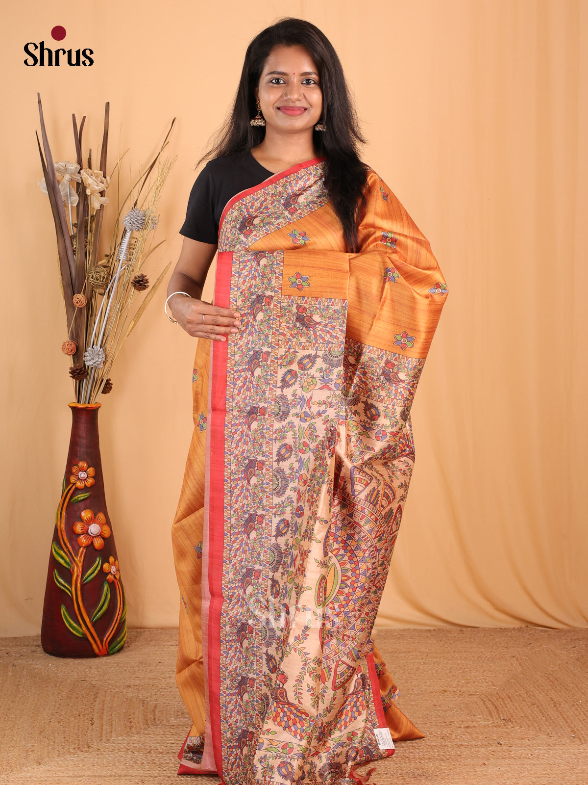 Orange & Red- Champa semitussar Saree - Shop on Shrus.com