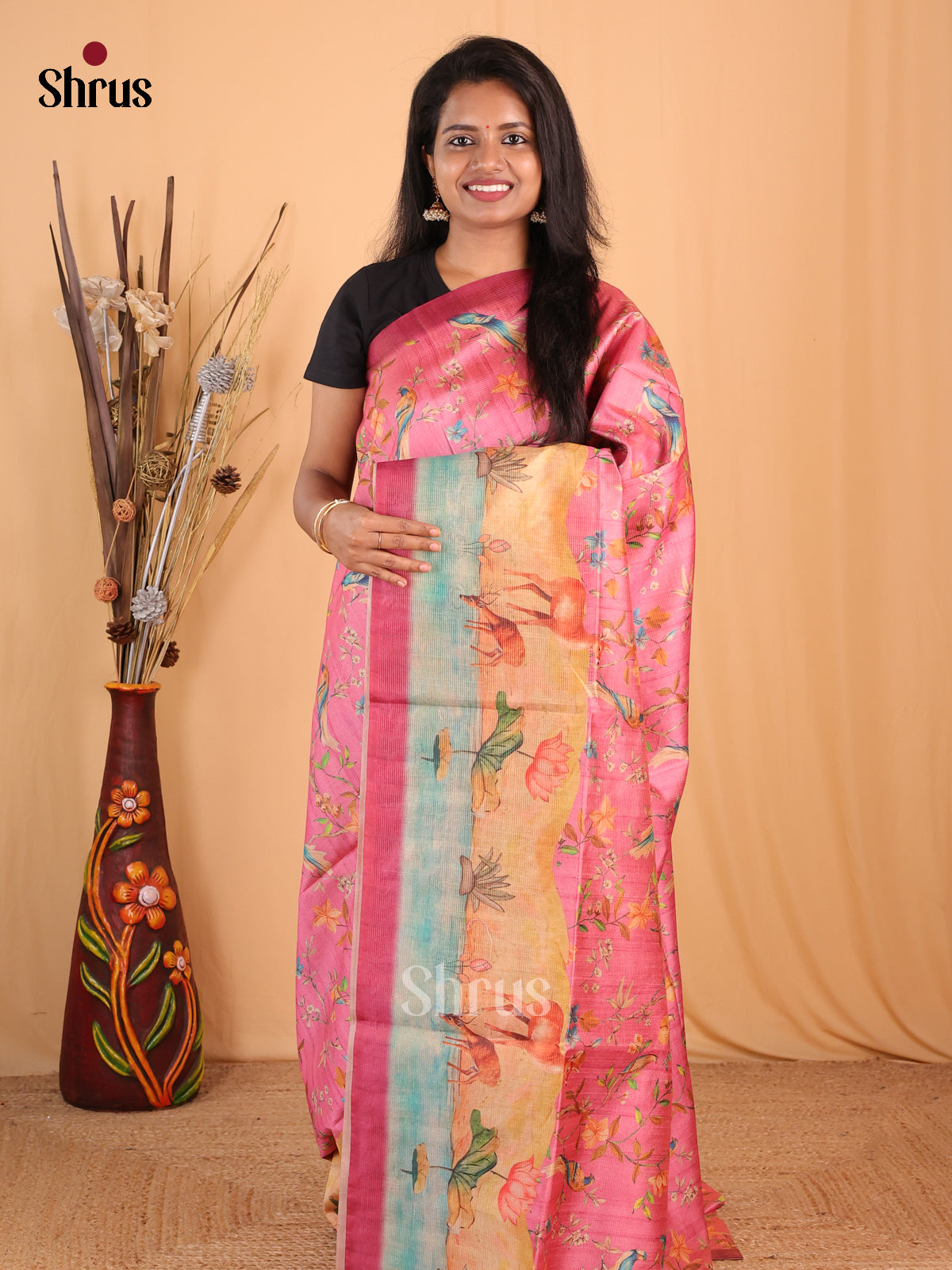 Pink & Orange - Champa semitussar Saree - Shop on Shrus.com