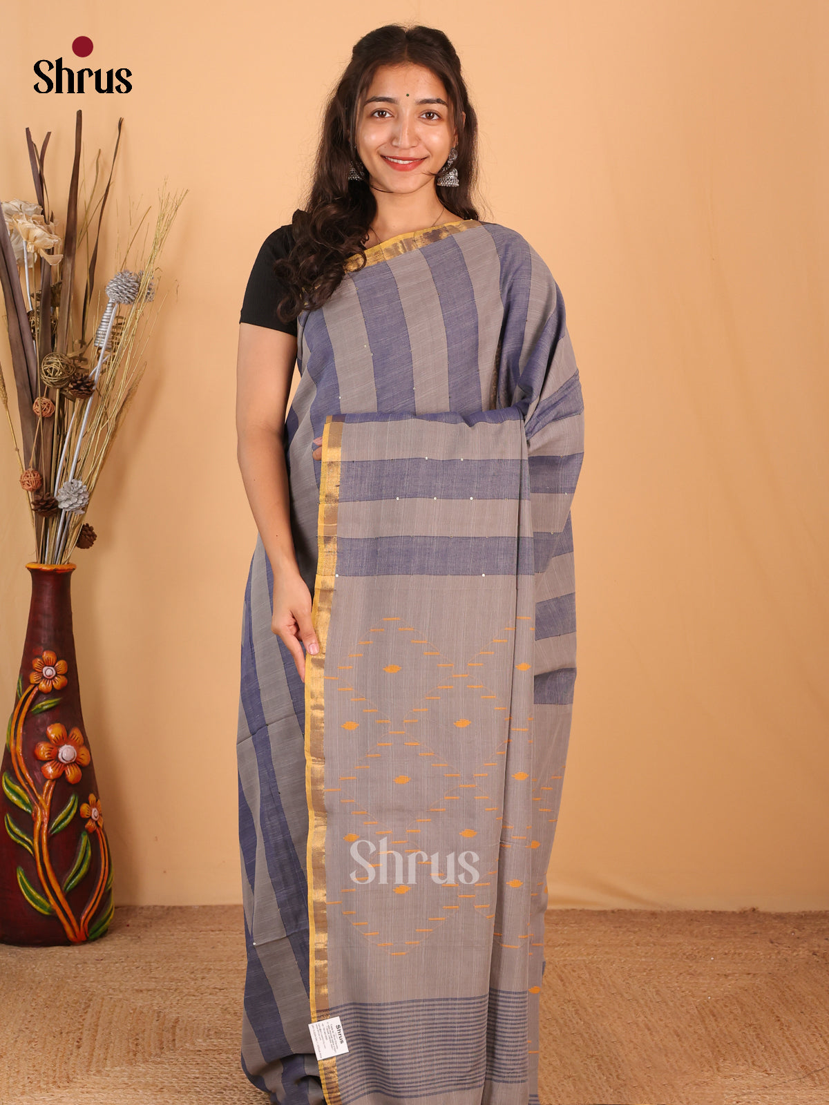Grey & Blue - Bengal cotton Saree - Shop on Shrus.com