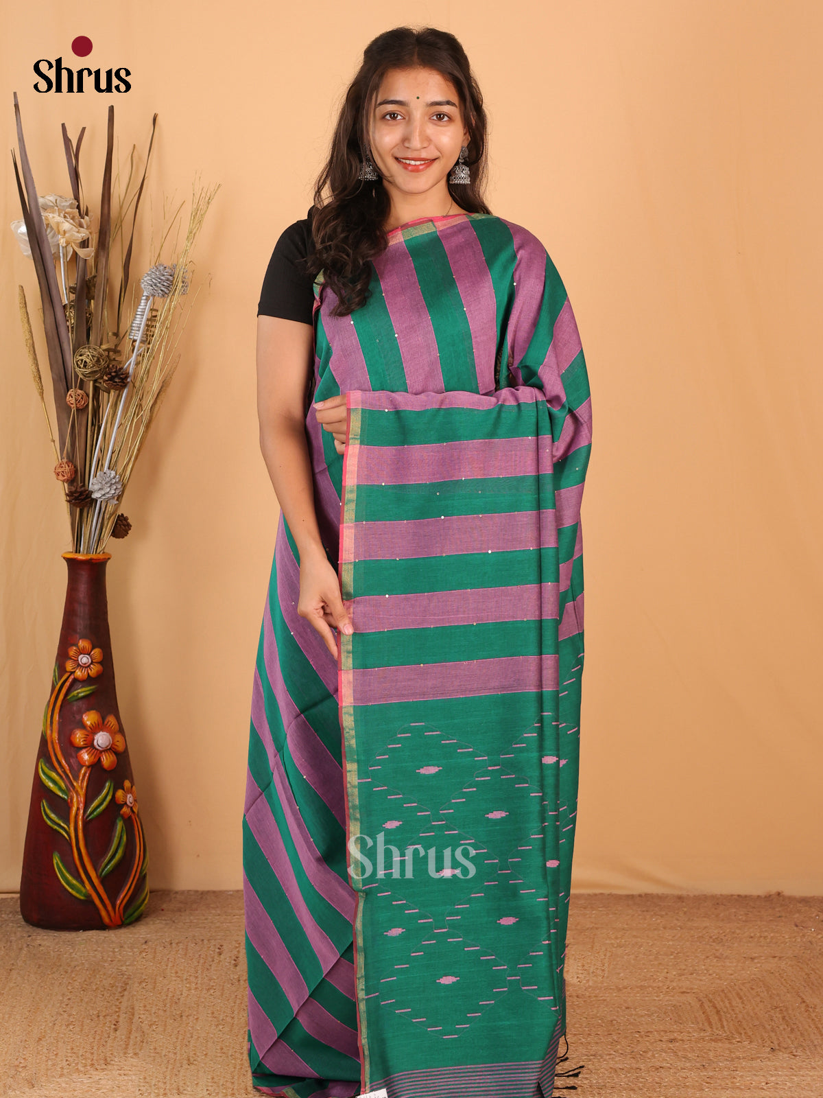 Purple & Green- Bengal cotton Saree - Shop on Shrus.com