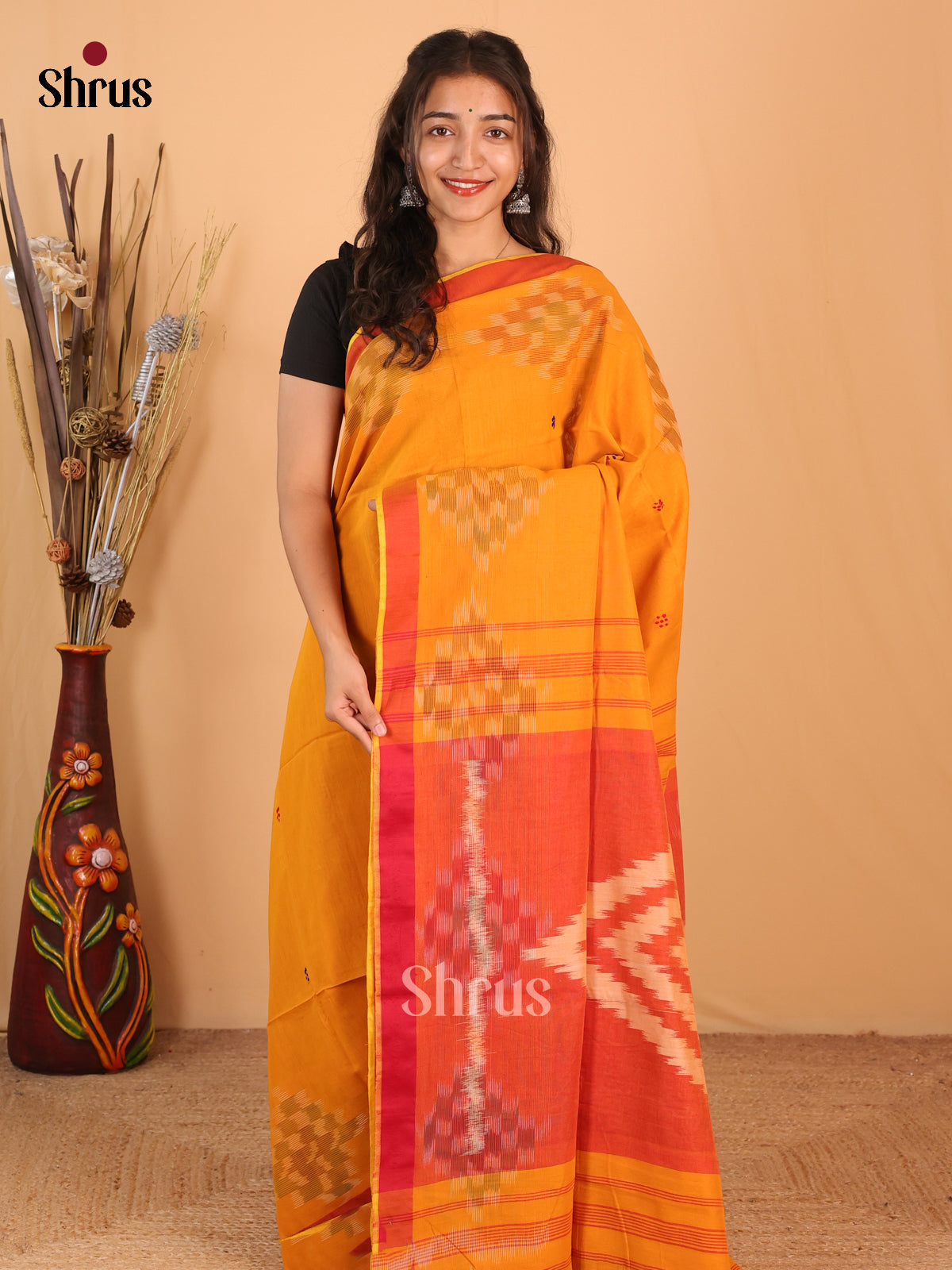 Mustard & Red - Bengal cotton Saree - Shop on Shrus.com