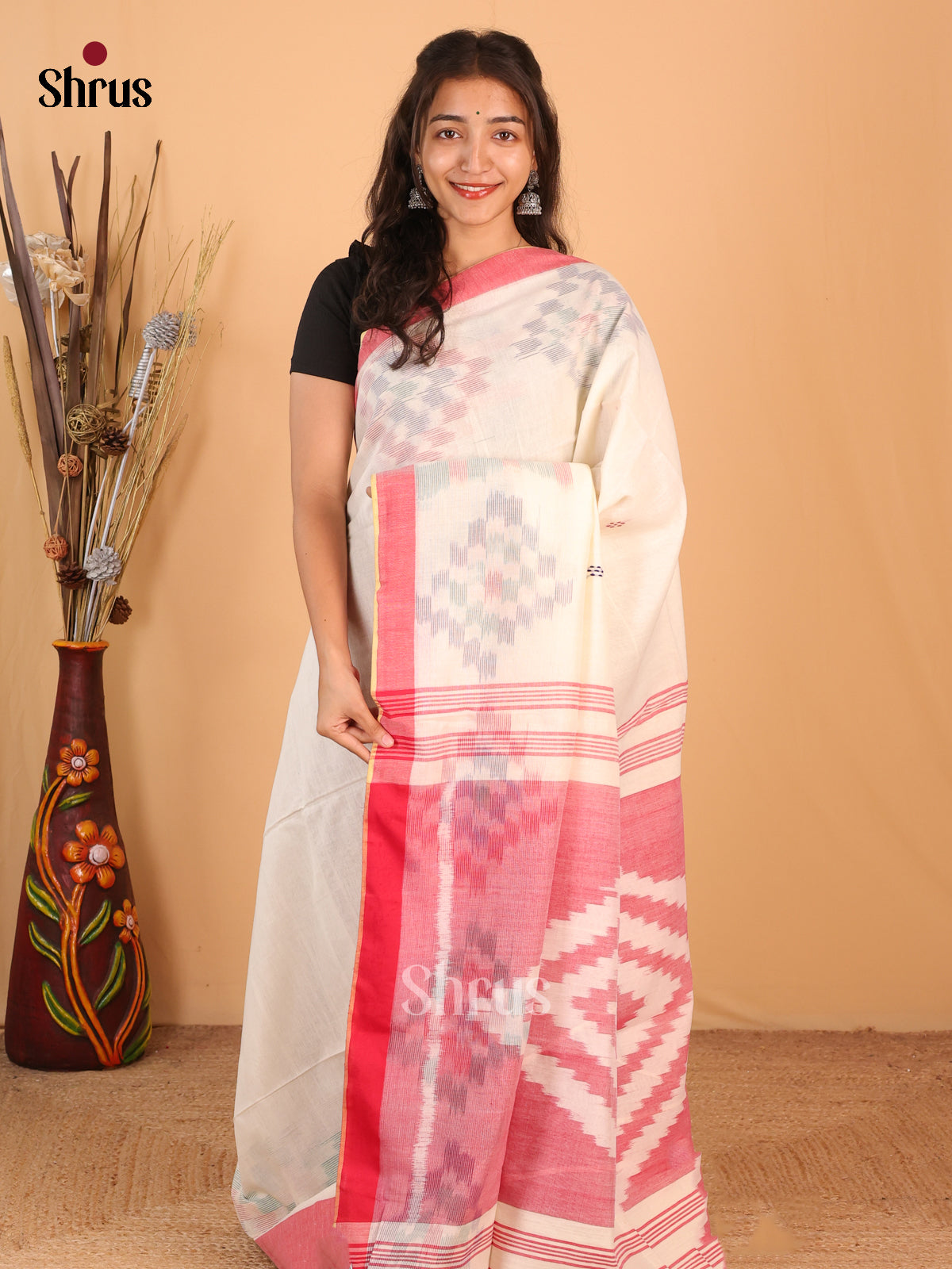 Cream & Red- Bengal cotton Saree - Shop on Shrus.com