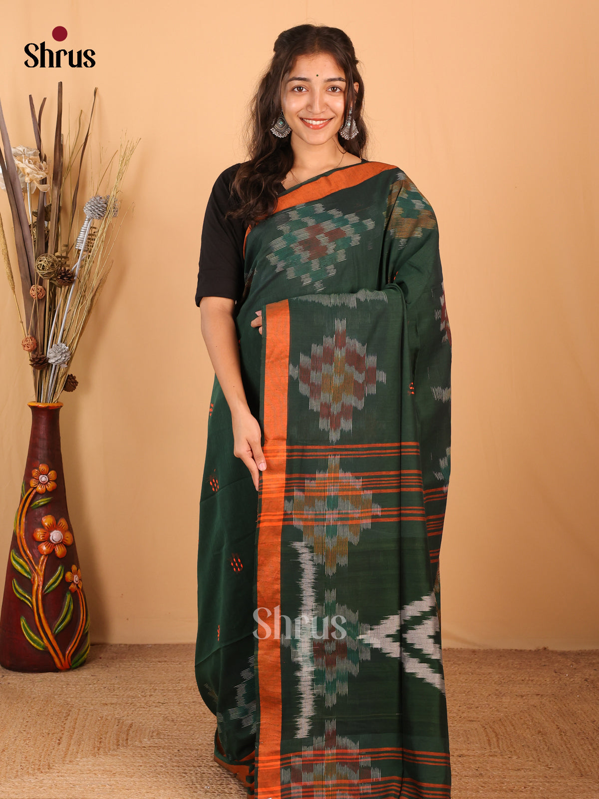 Green & Orange - Bengal cotton Saree - Shop on Shrus.com