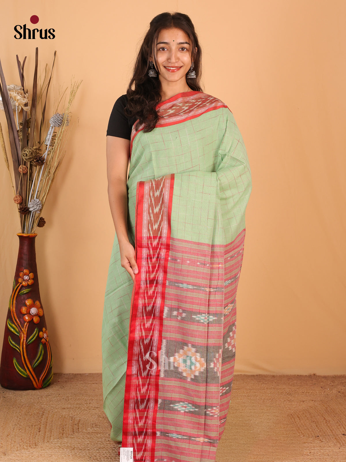 Pastel Green & Red - Bengal cotton Saree - Shop on Shrus.com