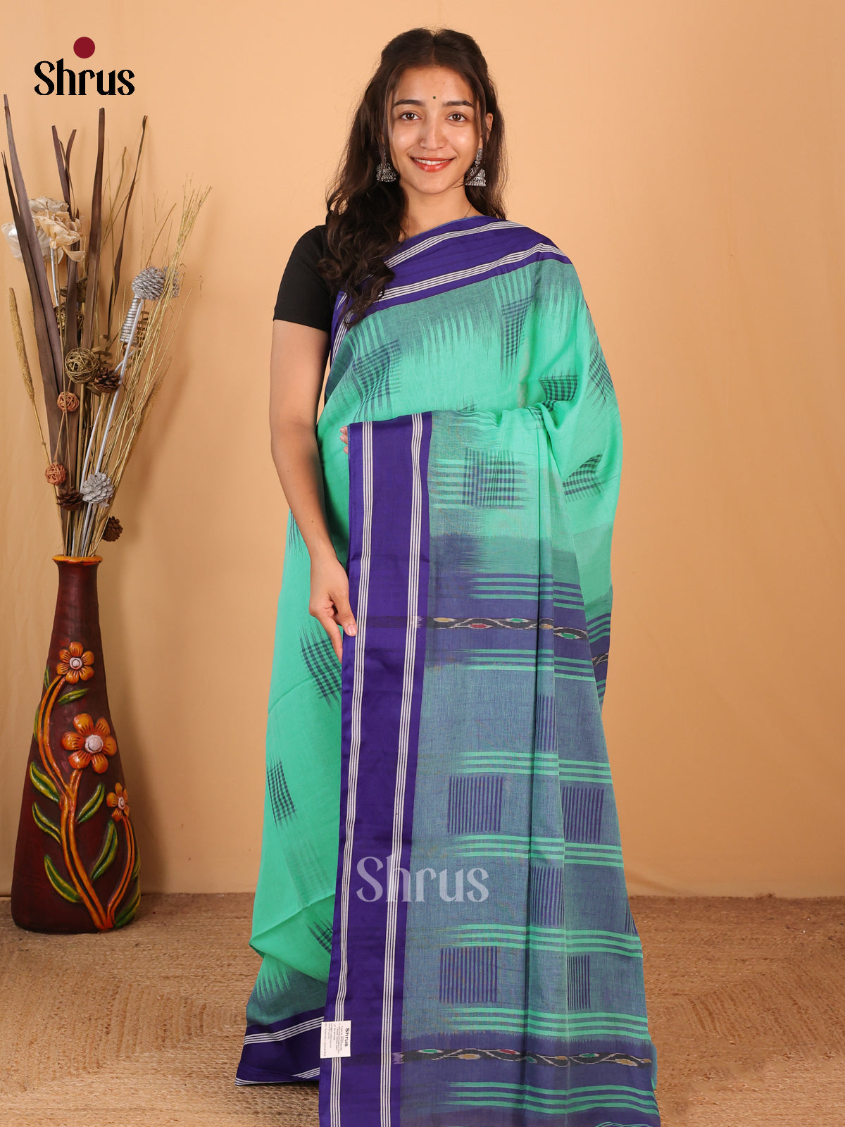 Green & Blue- Bengal cotton Saree - Shop on Shrus.com