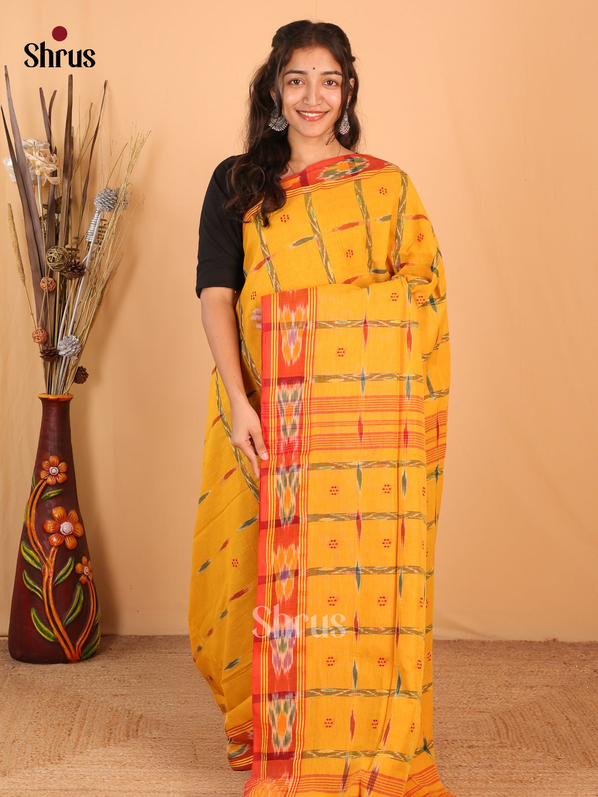 Yellow  & Red- Bengal cotton Saree - Shop on Shrus.com