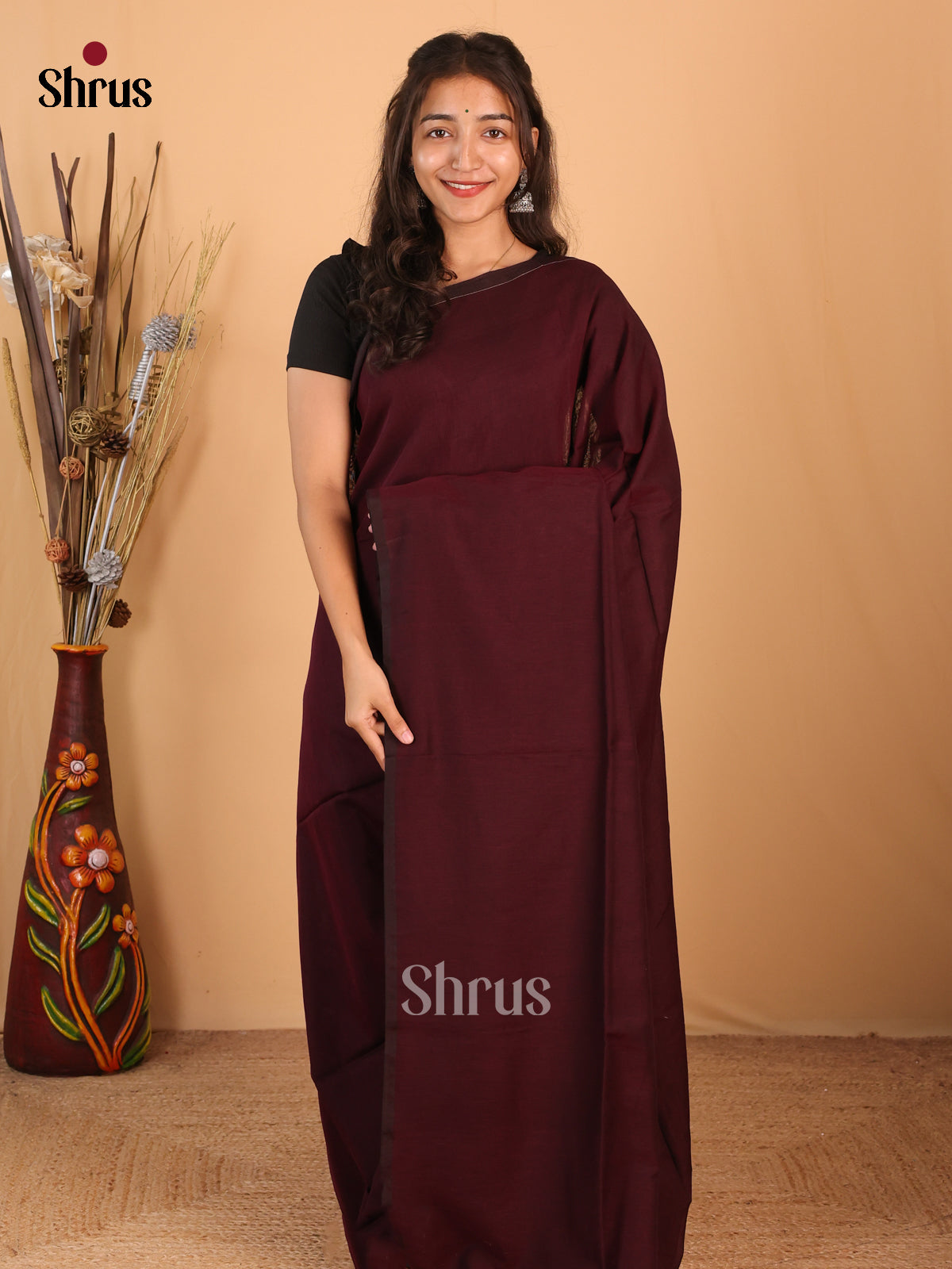 Maroon & Brown - Bengal cotton Saree - Shop on Shrus.com