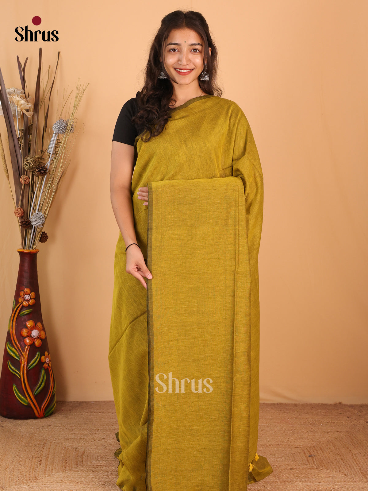 Mustardy Green & Brown - Bengal cotton Saree