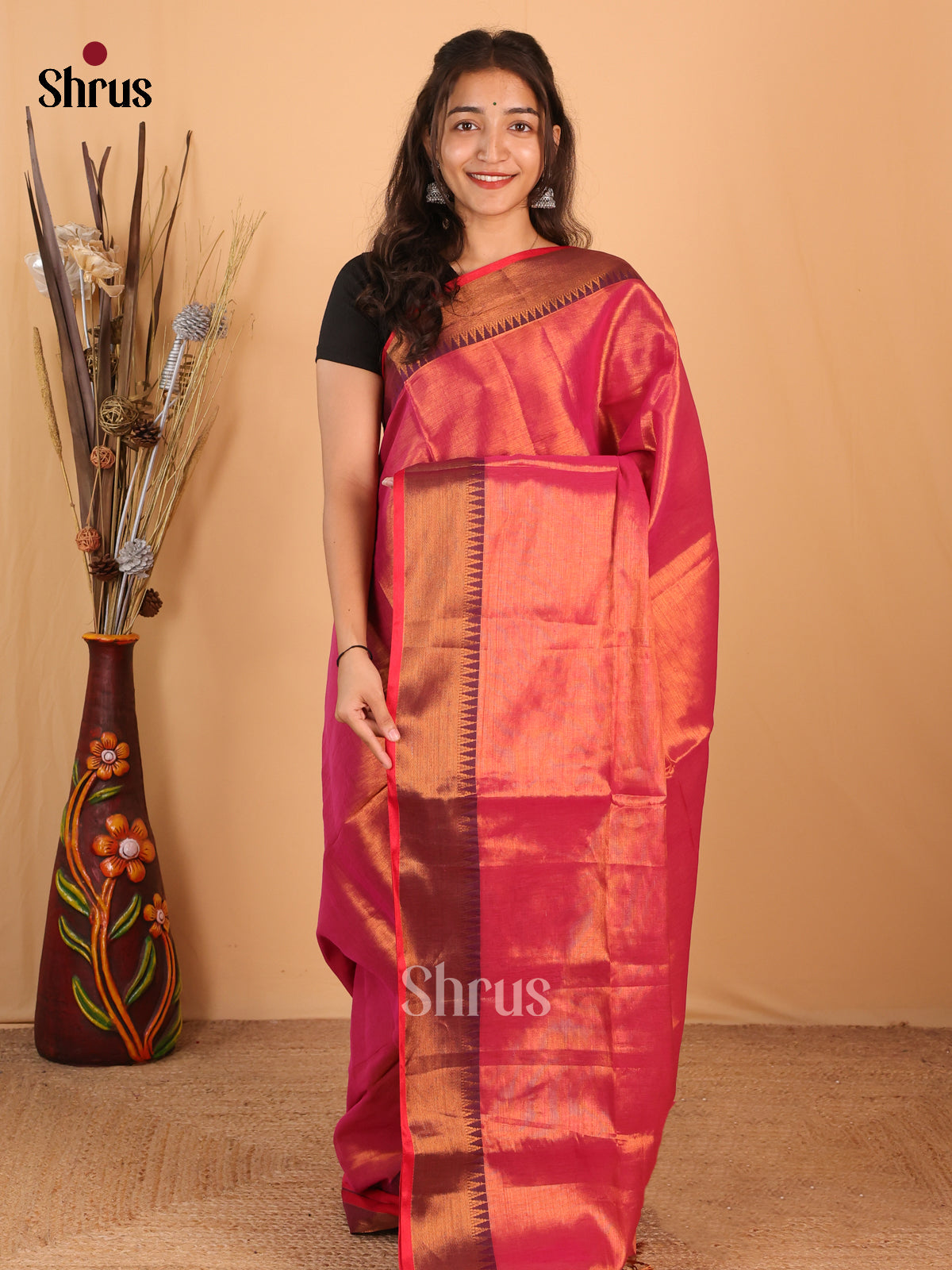 Pink  & Maroon- Bengal cotton Saree - Shop on Shrus.com