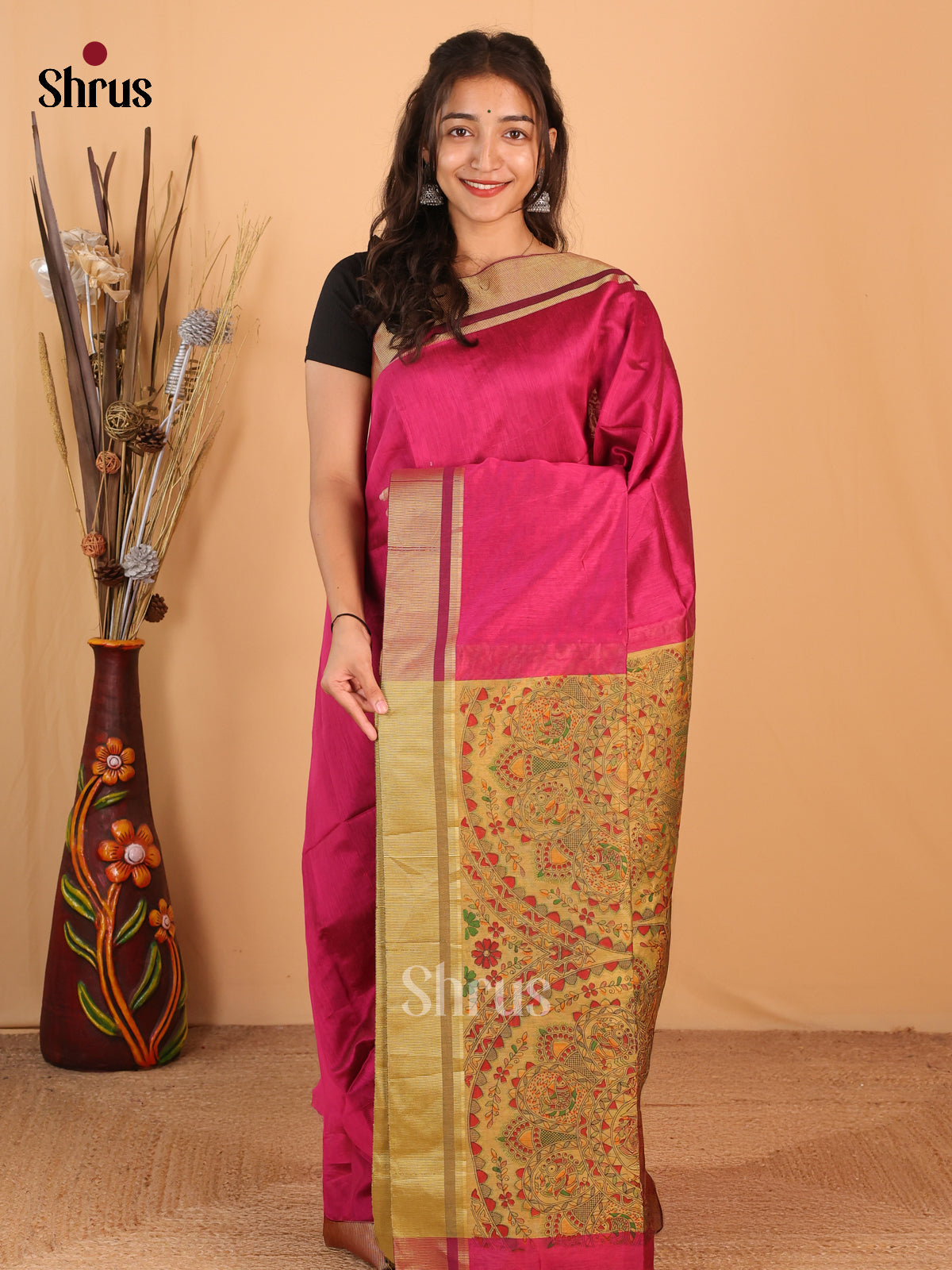 Pink & Beige - Bengal cotton Saree - Shop on Shrus.com