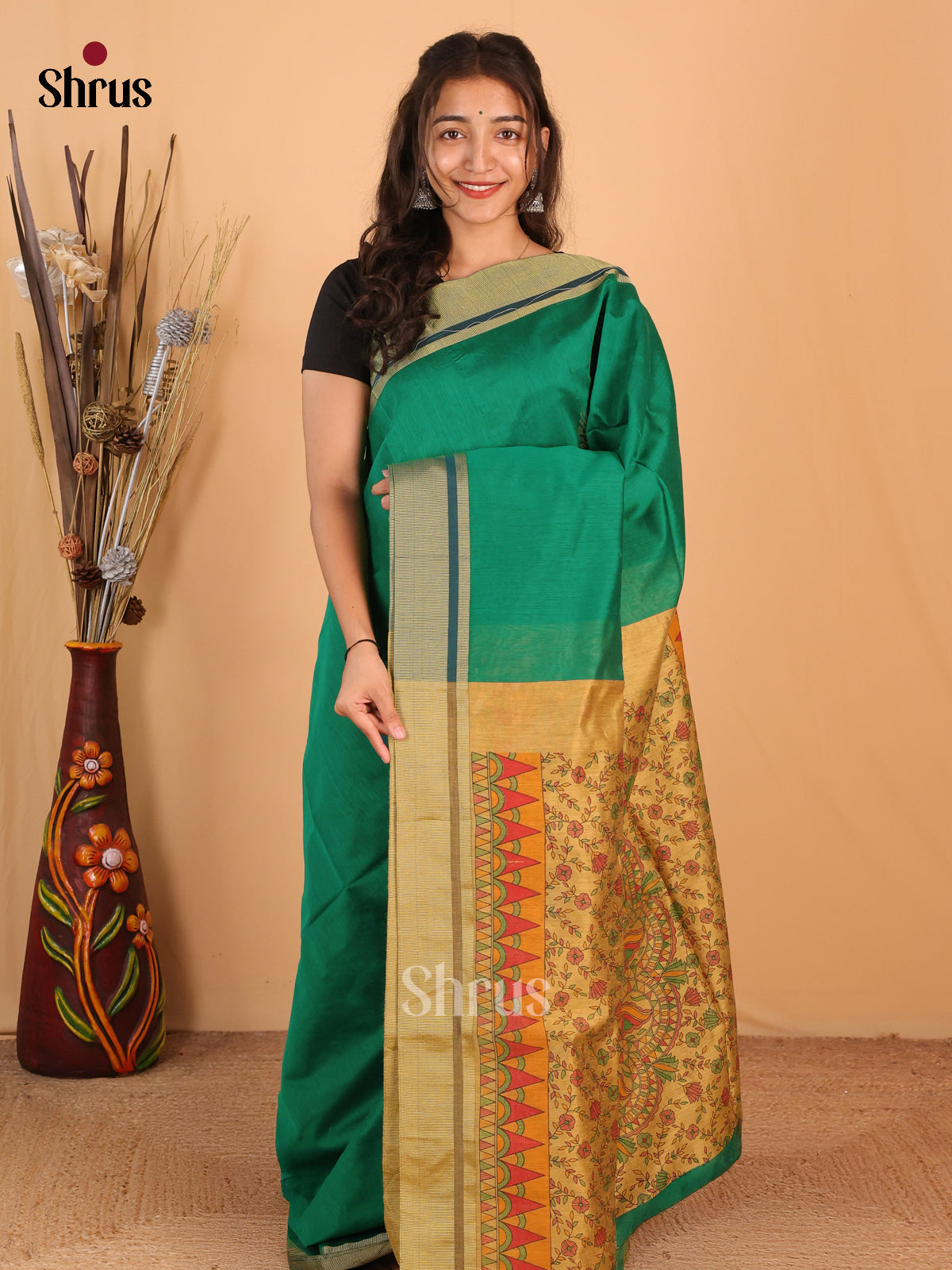 Green & Beige - Bengal cotton Saree - Shop on Shrus.com