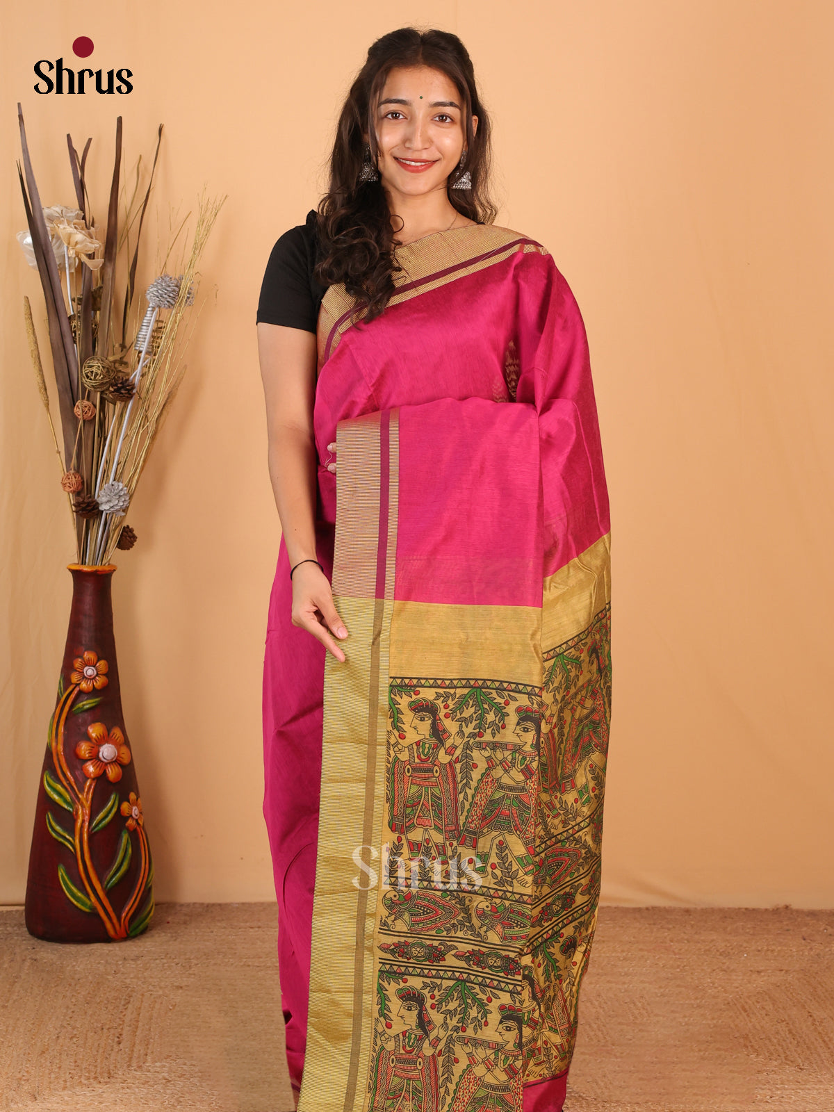 Pink & Beige - Bengal cotton Saree - Shop on Shrus.com