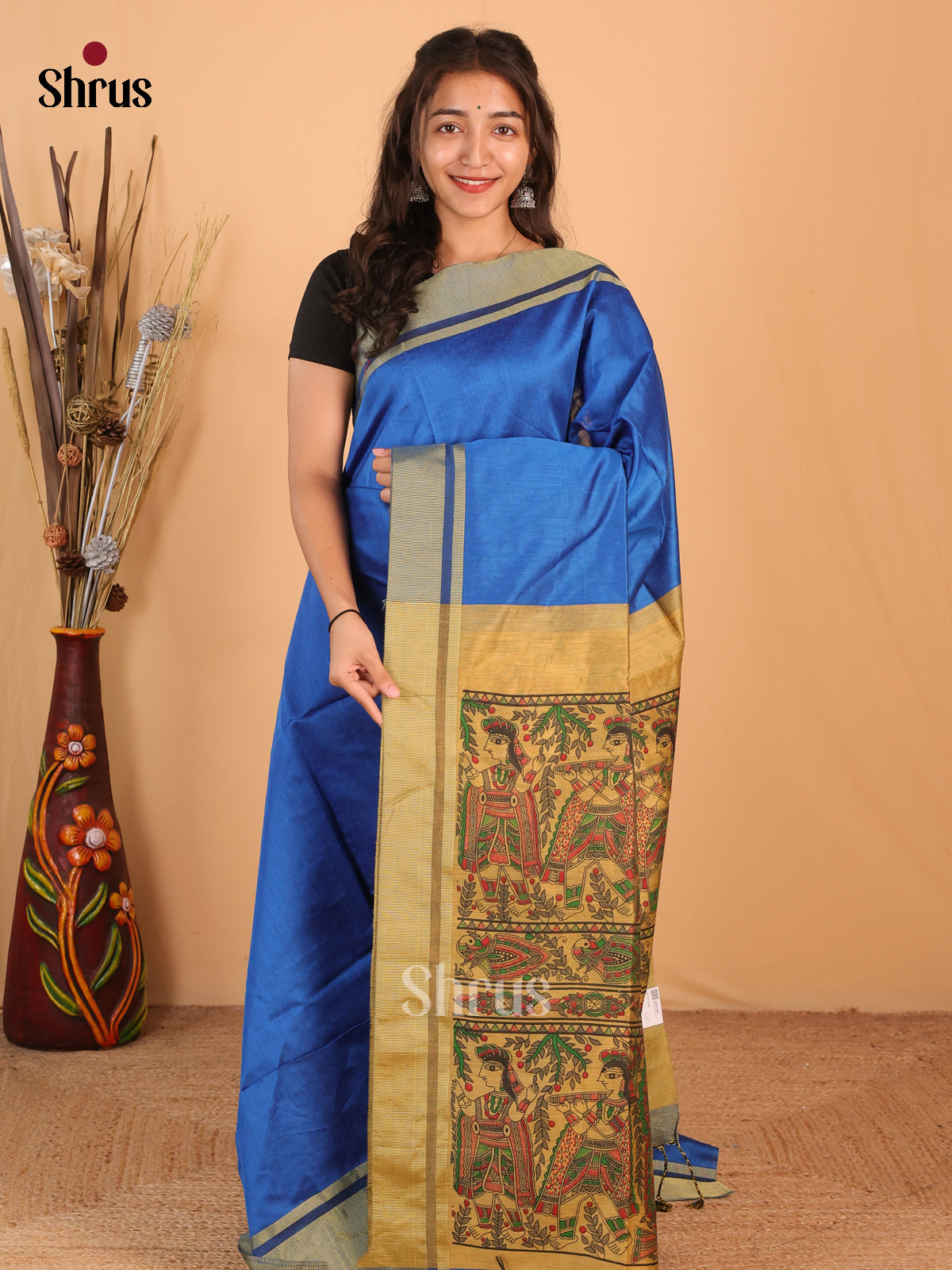 Blue & Beige - Bengal cotton Saree - Shop on Shrus.com