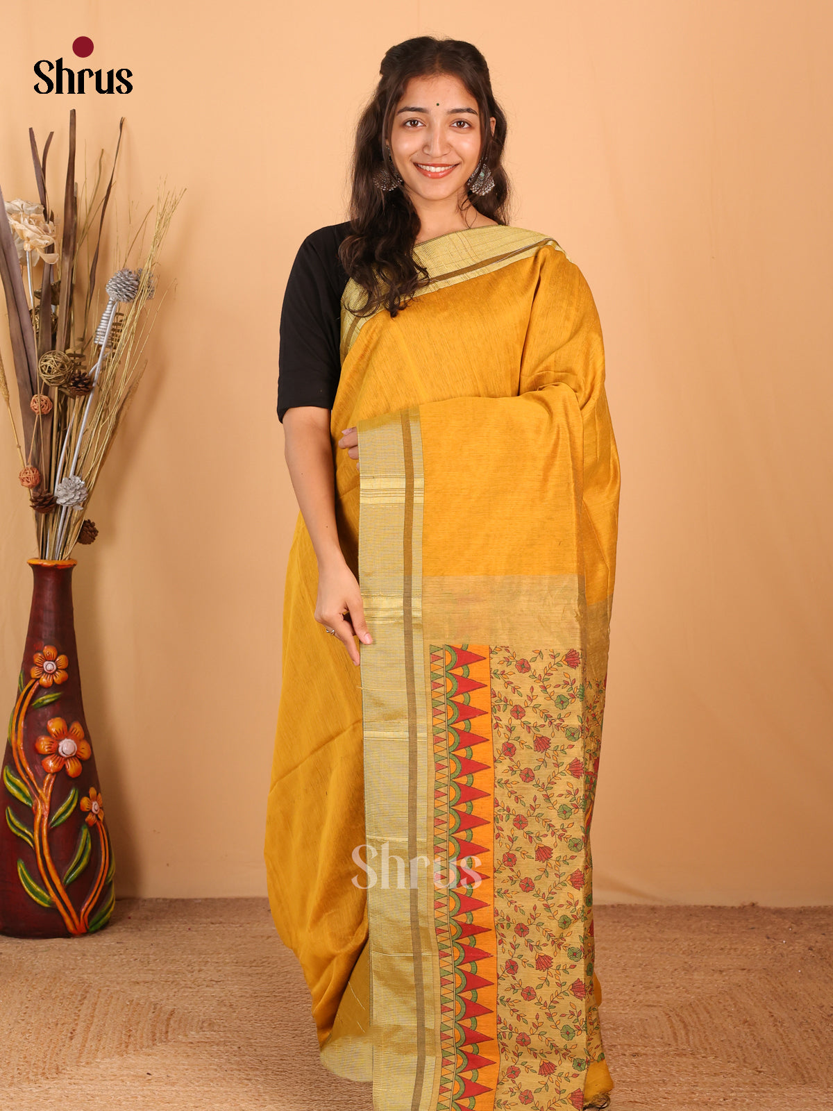 Mustard & Beige - Bengal cotton Saree - Shop on Shrus.com