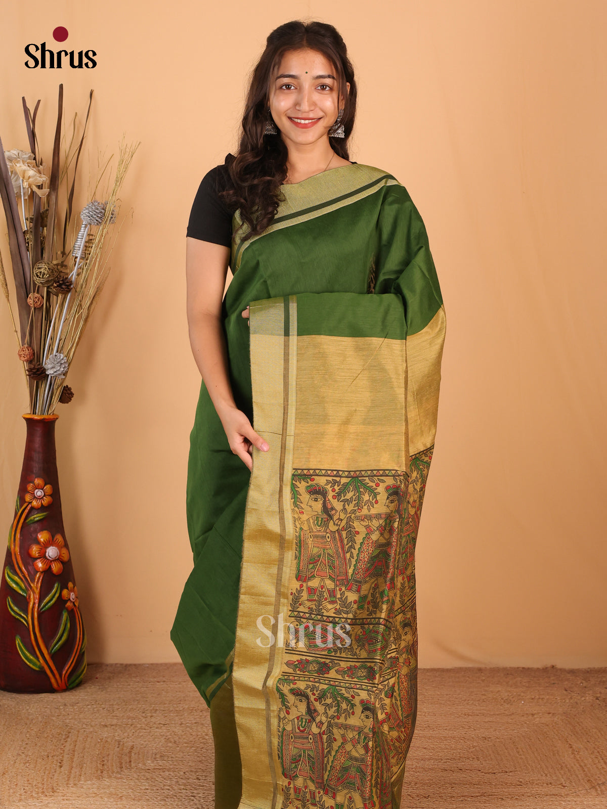 Green & Beige - Bengal cotton Saree - Shop on Shrus.com