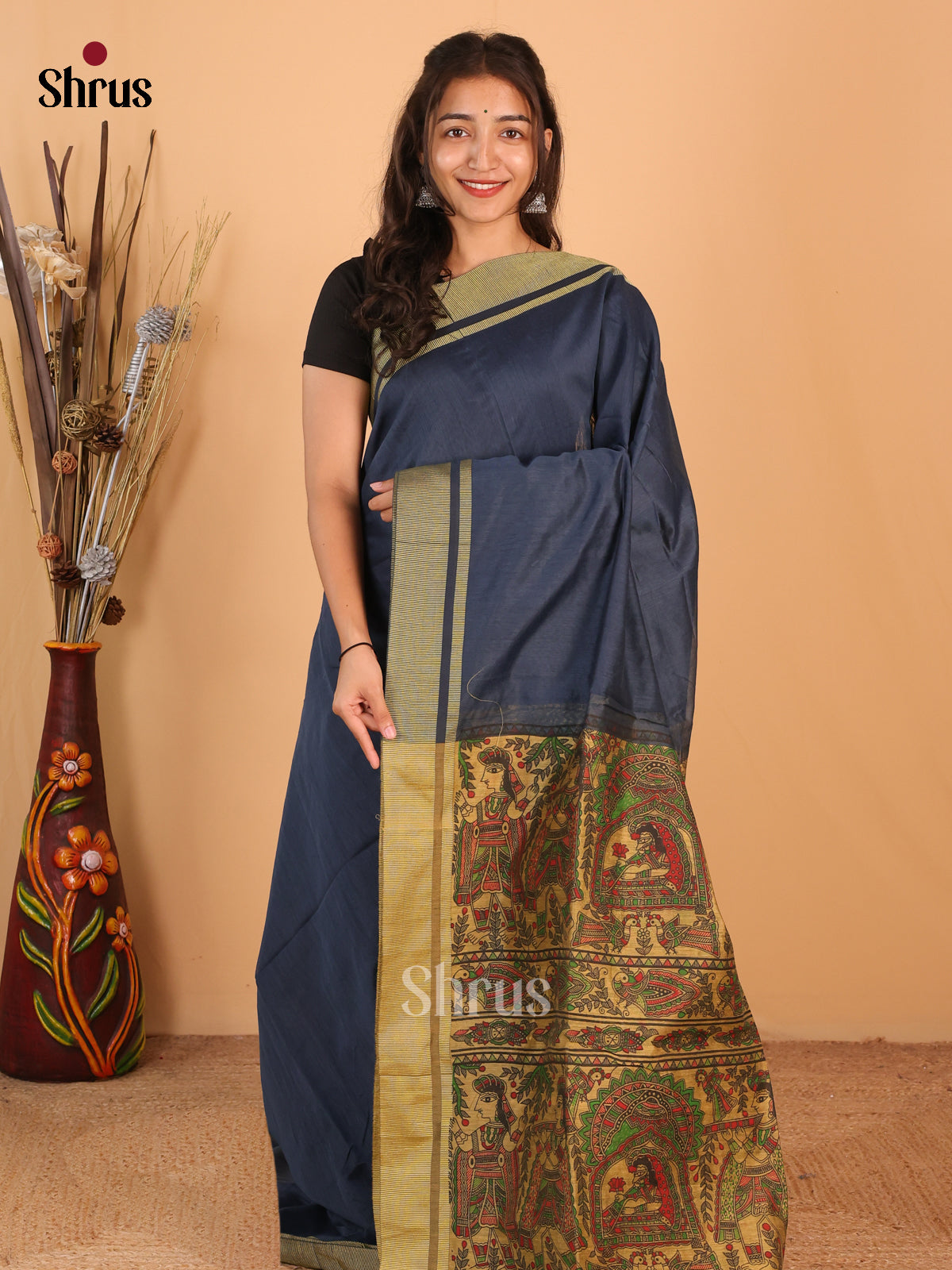 Blue & Beige - Bengal cotton Saree - Shop on Shrus.com