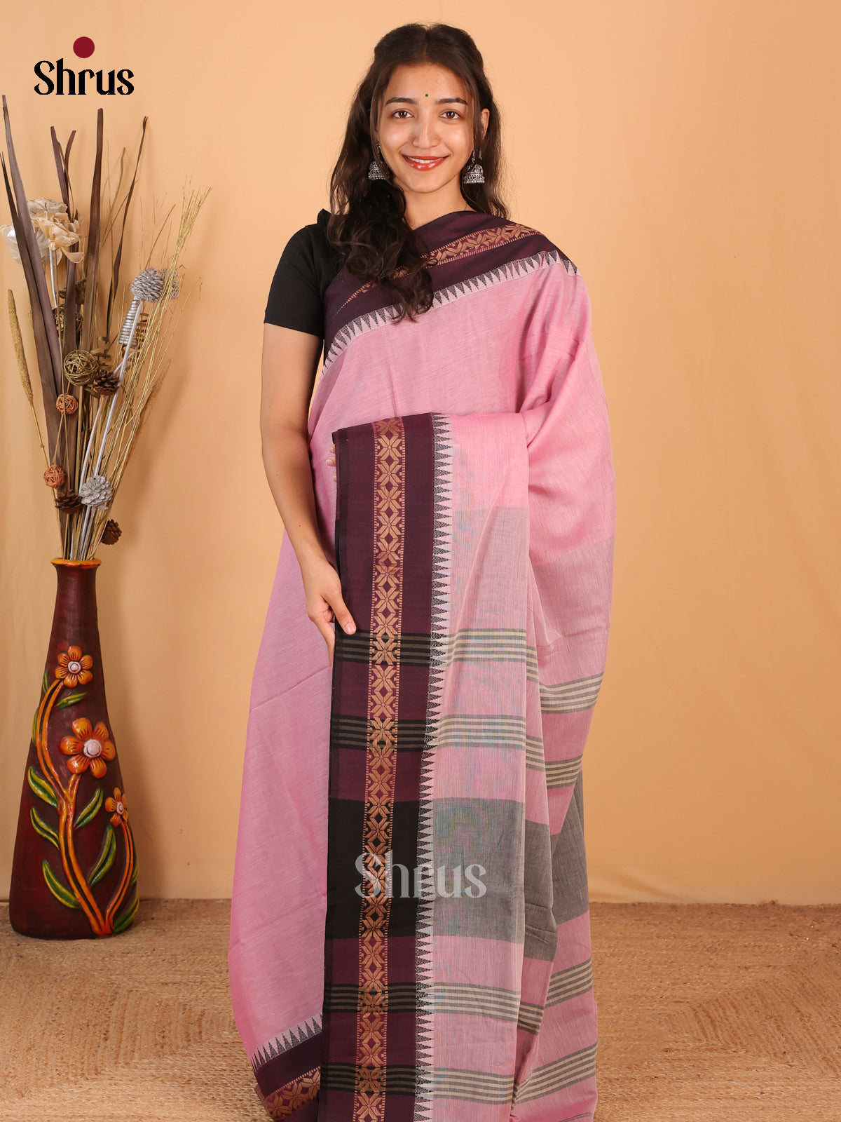 Pink & Grey - Bengal cotton Saree - Shop on Shrus.com