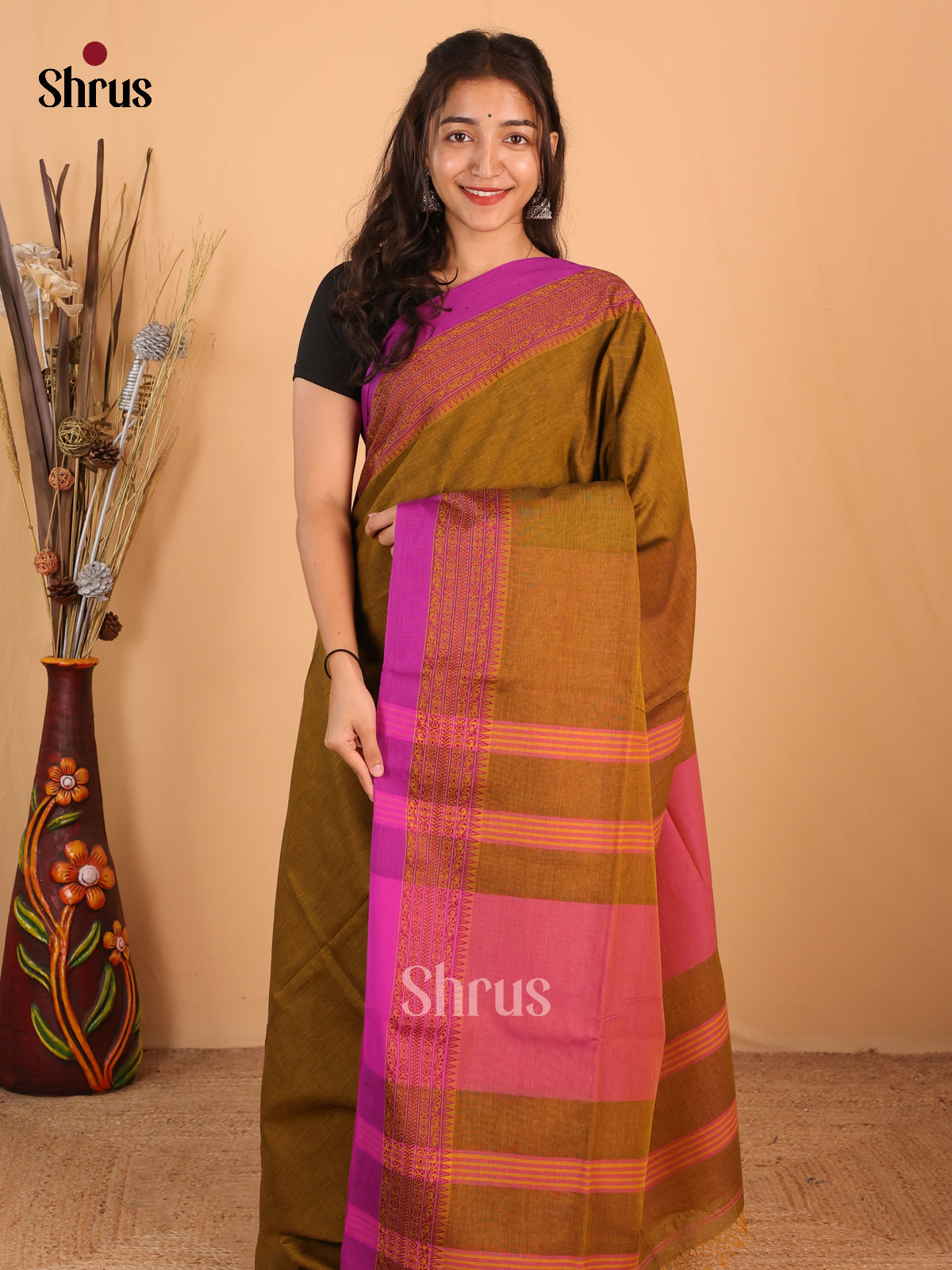 Dark Mustard & Purple- Bengal cotton Saree - Shop on Shrus.com