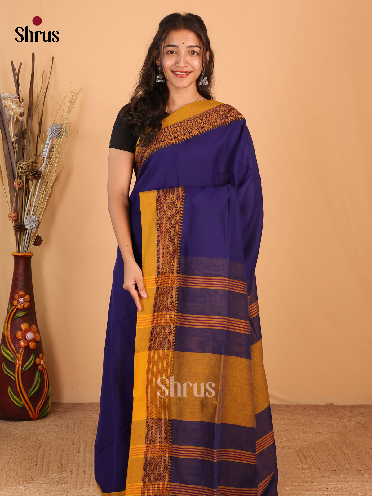 Blue & Mustard - Bengal cotton Saree - Shop on Shrus.com