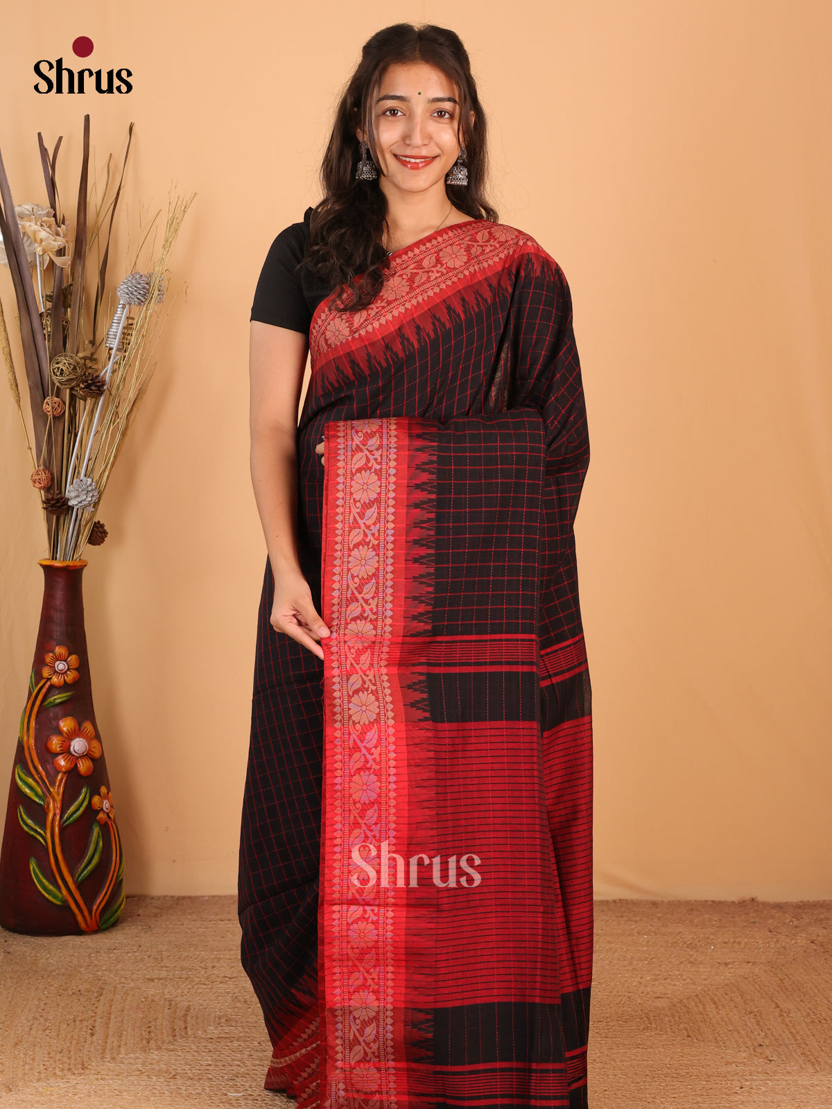 Black & Red - Bengal cotton Saree - Shop on Shrus.com
