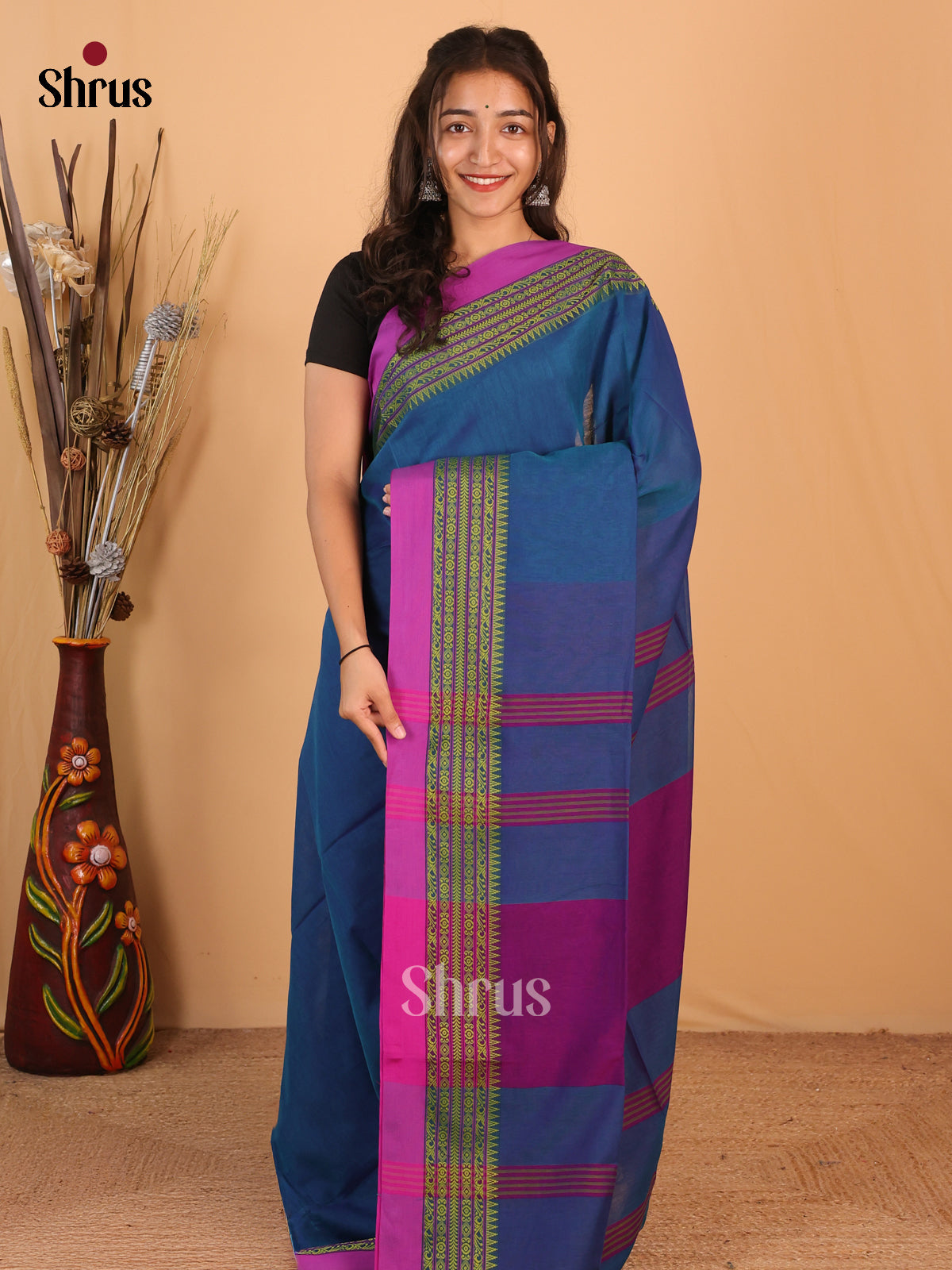 Blue & Purple - Bengal cotton Saree - Shop on Shrus.com