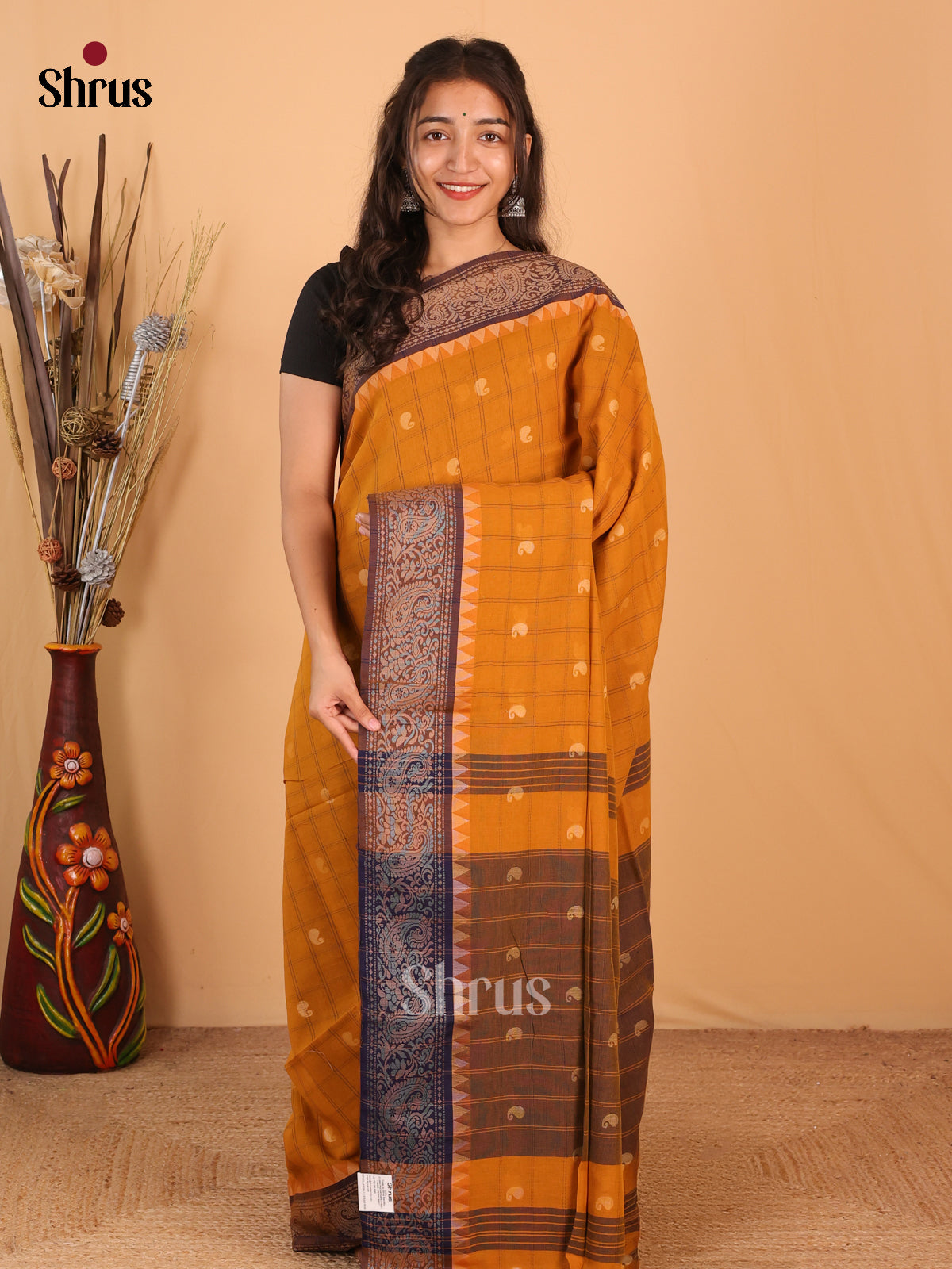 Mustard & Blue - Bengal cotton Saree - Shop on Shrus.com