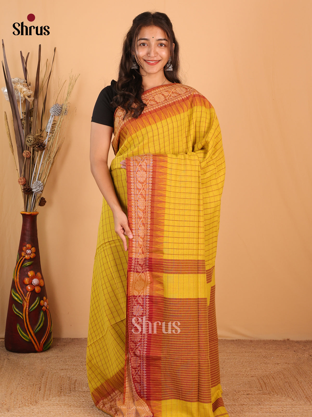 Mustardy Yellow & Orange - Bengal cotton Saree - Shop on Shrus.com