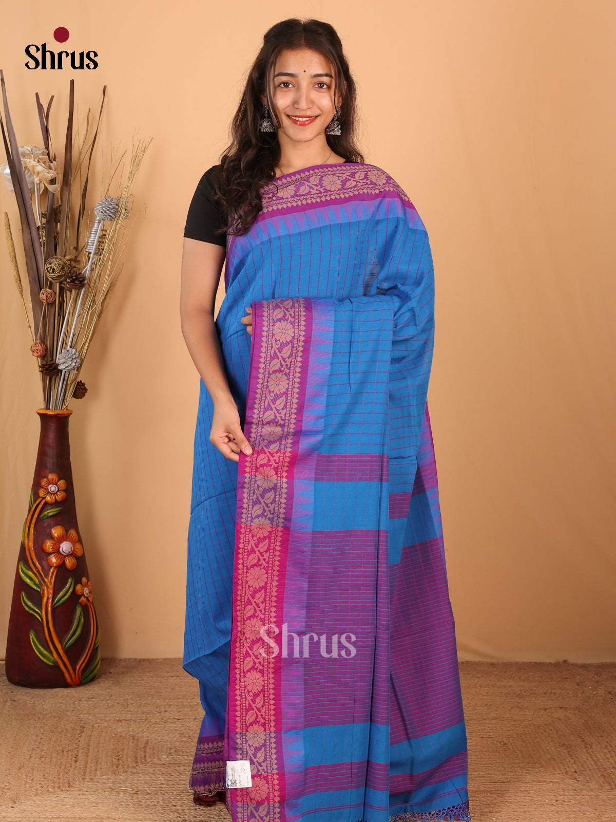 Blue & Purple- Bengal cotton Saree - Shop on Shrus.com