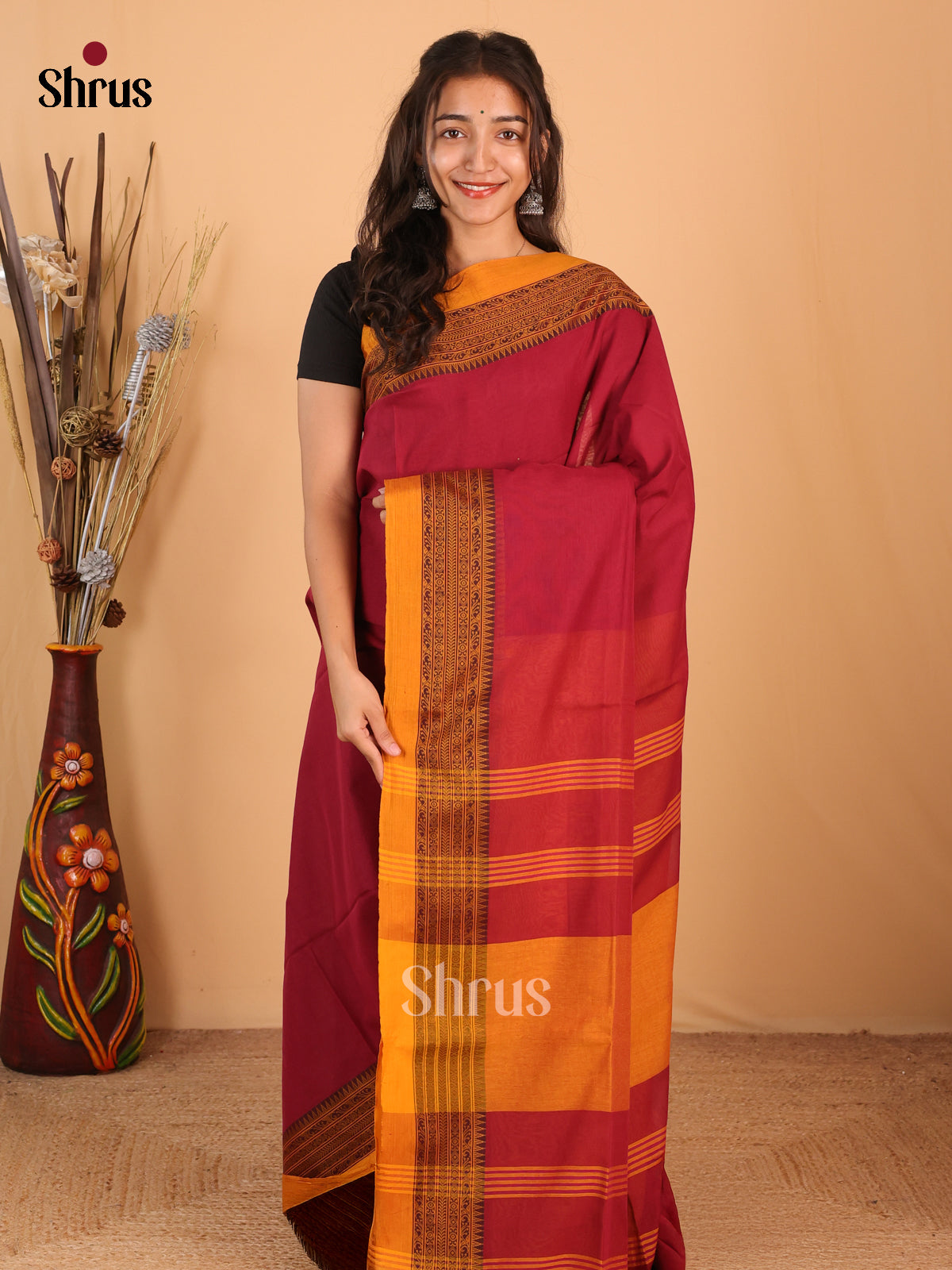 Maroon & Mustard - Bengal cotton Saree - Shop on Shrus.com