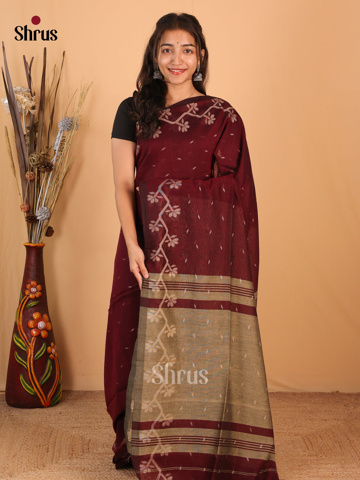 Maroon & Grey - Bengal cotton Saree - Shop on Shrus.com