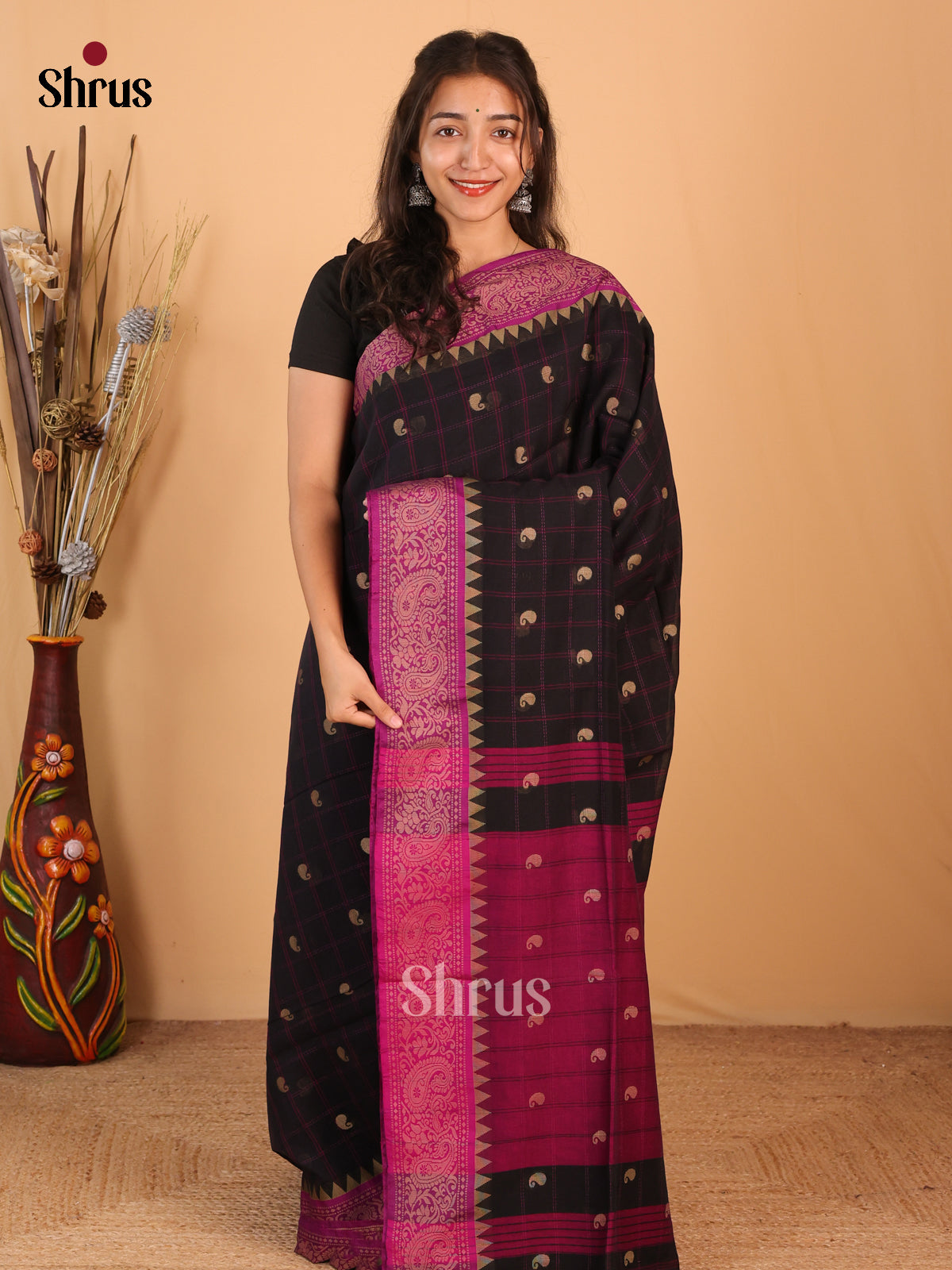 Black  & Purple - Bengal cotton Saree - Shop on Shrus.com
