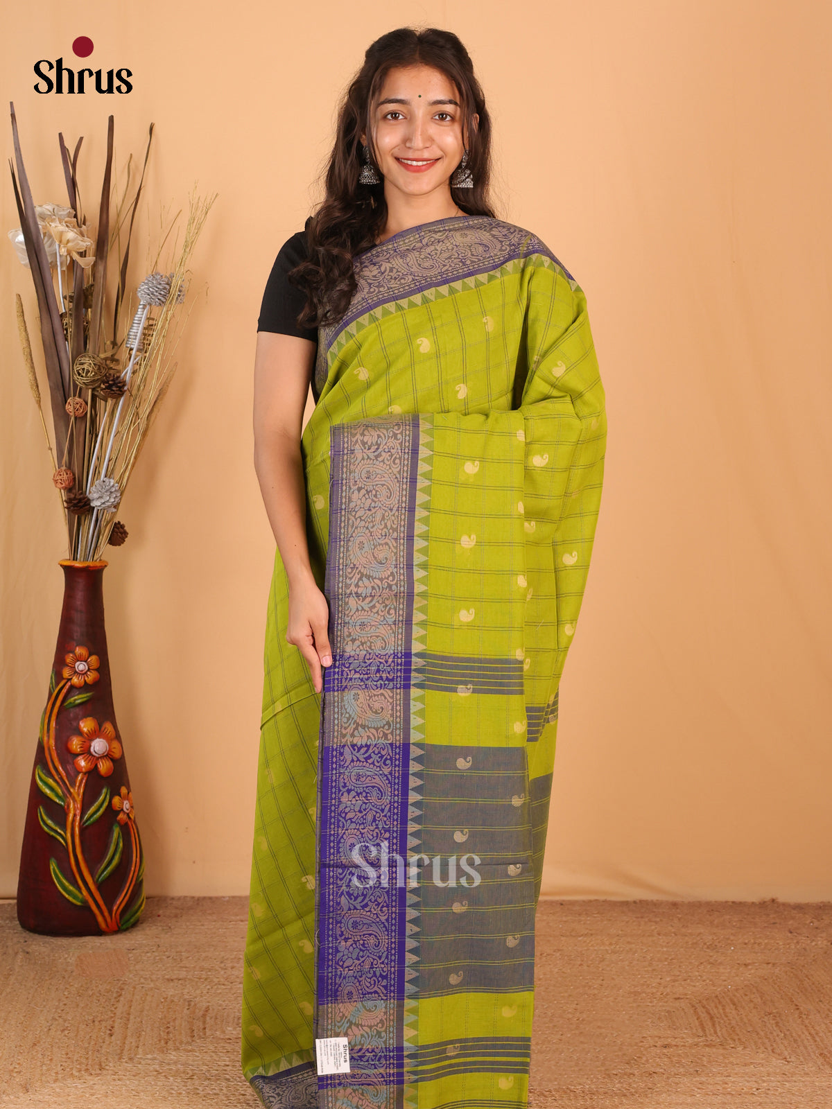 Lite Green & Blue - Bengal cotton Saree - Shop on Shrus.com