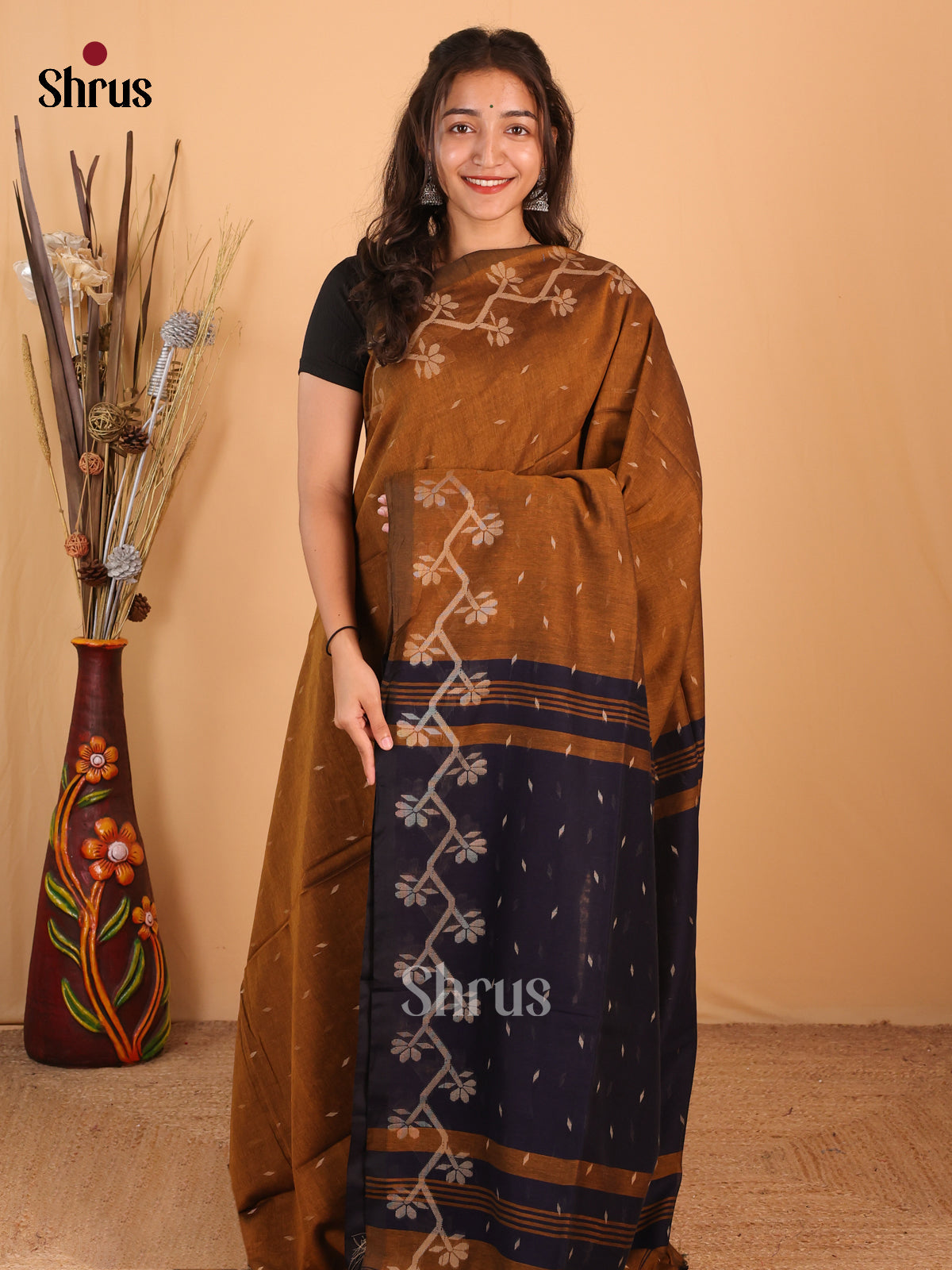 Dark Mustard & Blue - Bengal cotton Saree - Shop on Shrus.com