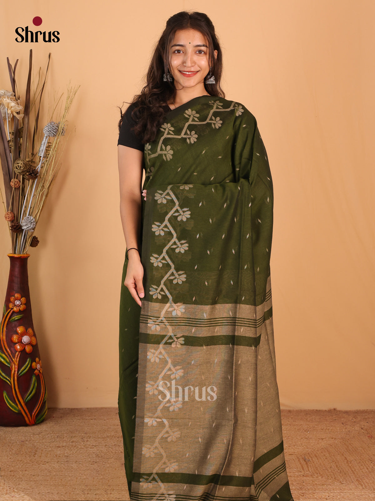 Green & Grey - Bengal cotton Saree - Shop on Shrus.com