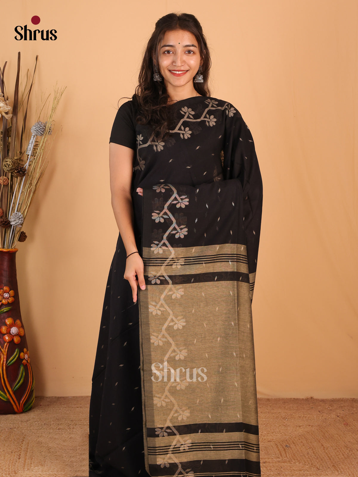 Black  & Grey - Bengal cotton Saree - Shop on Shrus.com